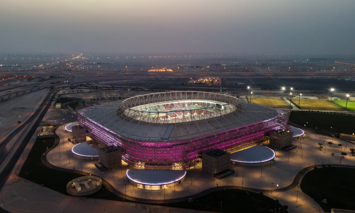 DOHA, QATAR - JUNE 23: (EDITORS NOTE: This photograph was taken using a drone) An aerial view of Ahmad Bin Ali stadium at sunset on June 23, 2022 in Al Rayyan, Qatar. Ahmad Bin Ali stadium, designed by Pattern Design studio is a host venue of the FIFA World Cup Qatar 2022 starting in November. (Photo by David Ramos/Getty Images)