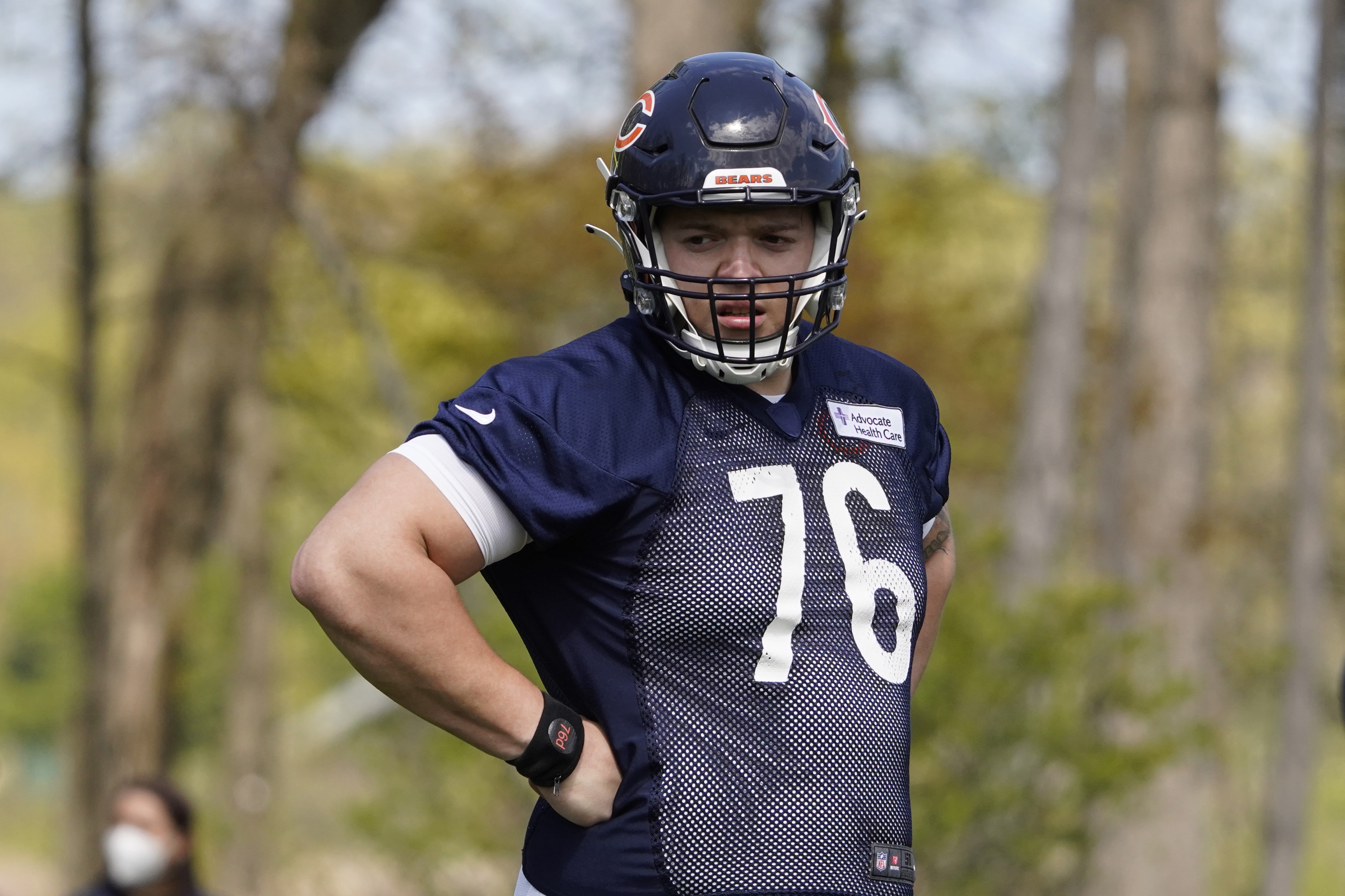 Chicago Bears offensive tackle Teven Jenkins (76) runs off the field after  an NFL football game