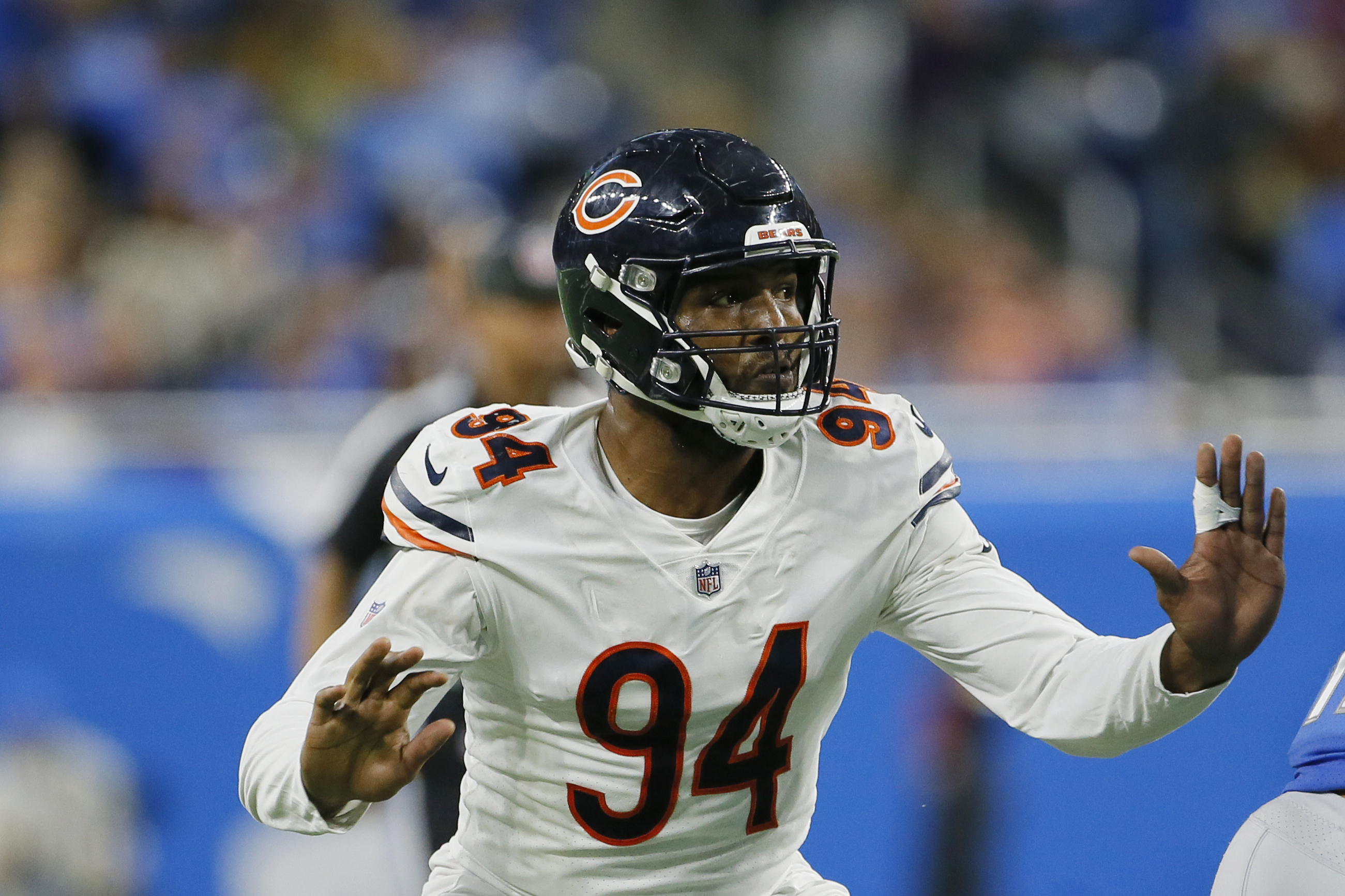 FILE - Chicago Bears defensive end Robert Quinn (94) rushes during the  first half of an NFL football game against the New England Patriots,  Monday, Oct. 24, 2022, in Foxborough, Mass. The