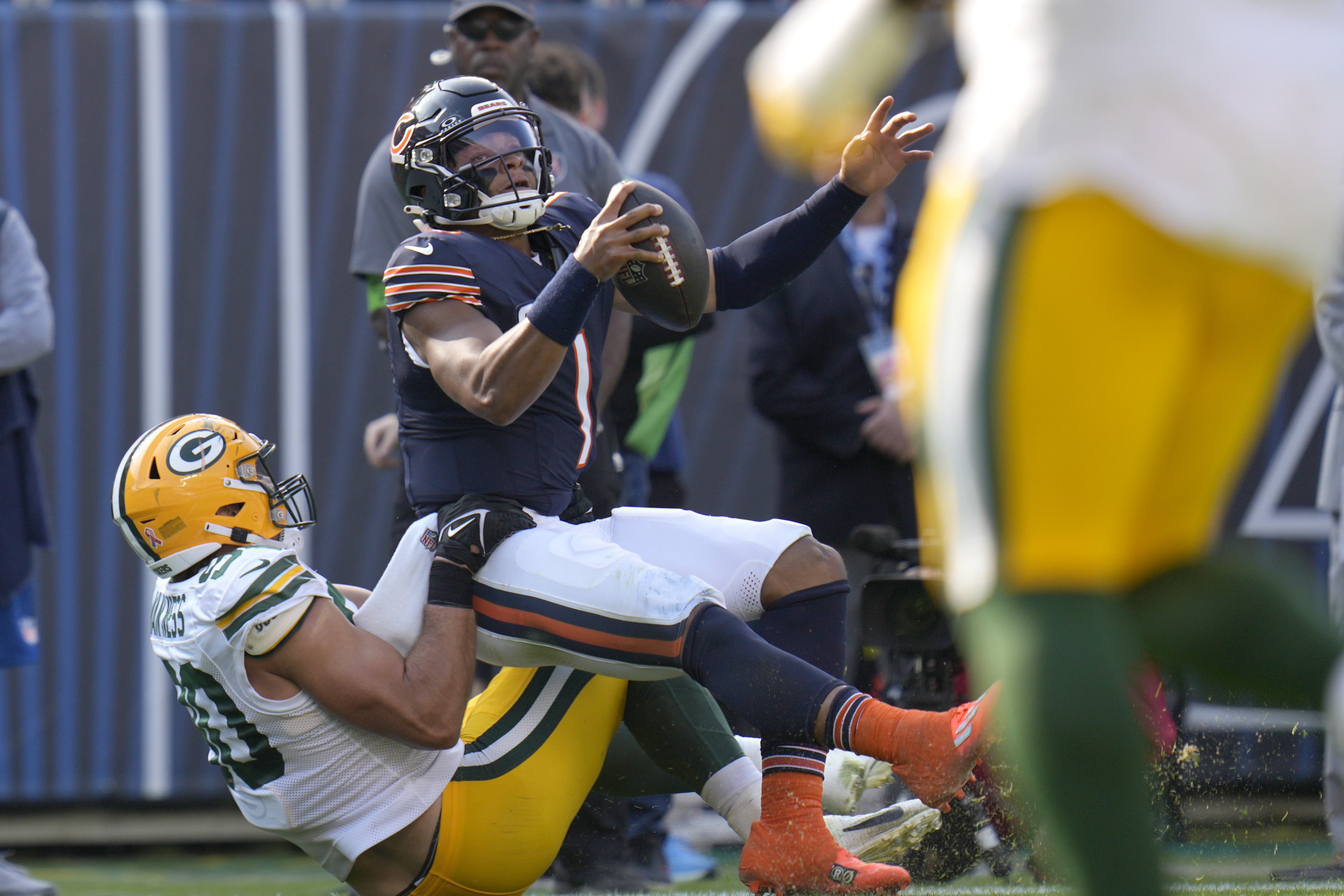 GREEN BAY, WI - SEPTEMBER 18: Chicago Bears linebacker Robert Quinn (94)  looks into the stands during a game between the Green Bay Packers and the  Chicago Bears on September 18, 2022