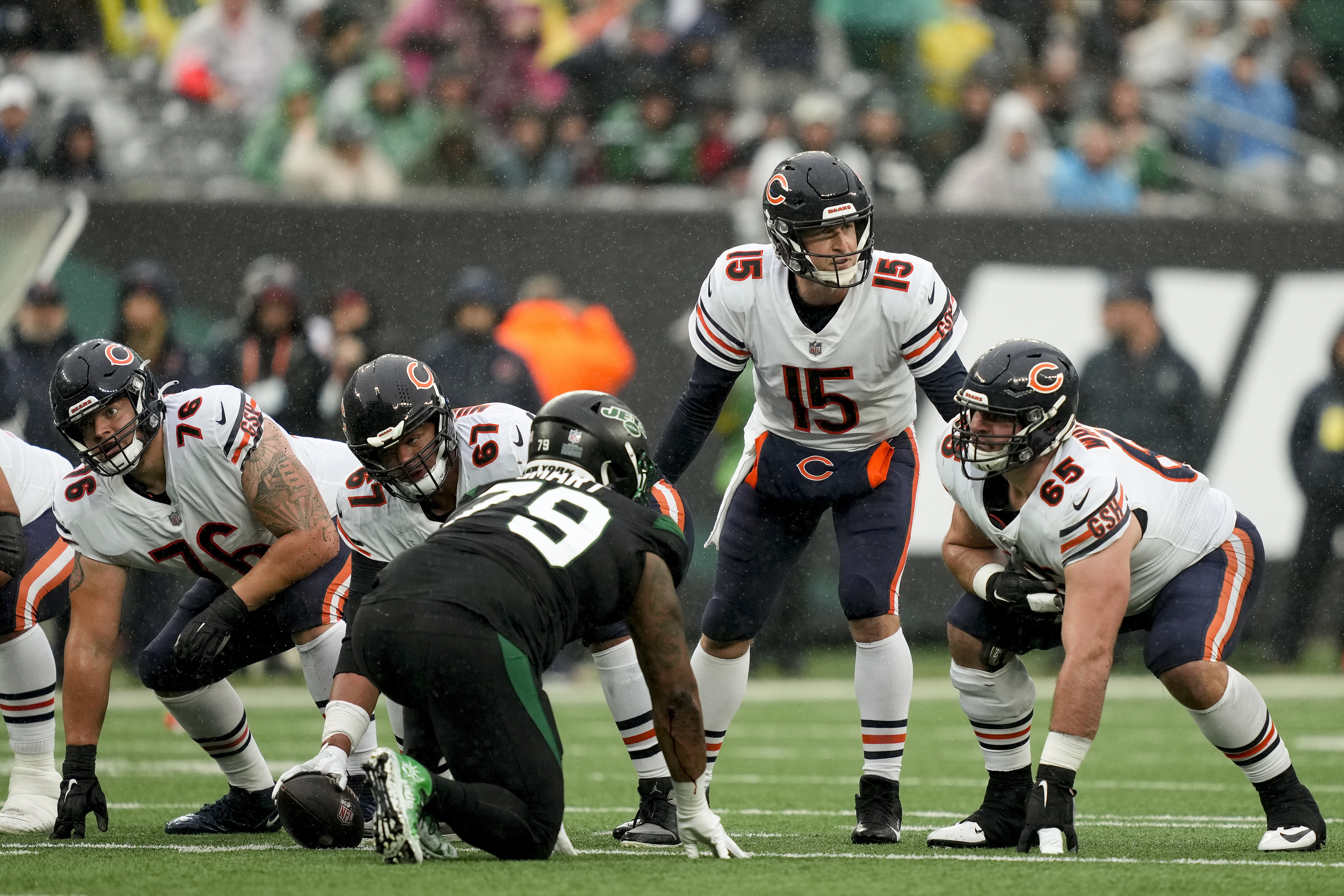 EAST RUTHERFORD, NJ - NOVEMBER 27: Chicago Bears wide receiver Byron Pringle  (13) and Chicago Bears quarterback Trevor Siemian (15) during the National  Football League game between the New York Jets and