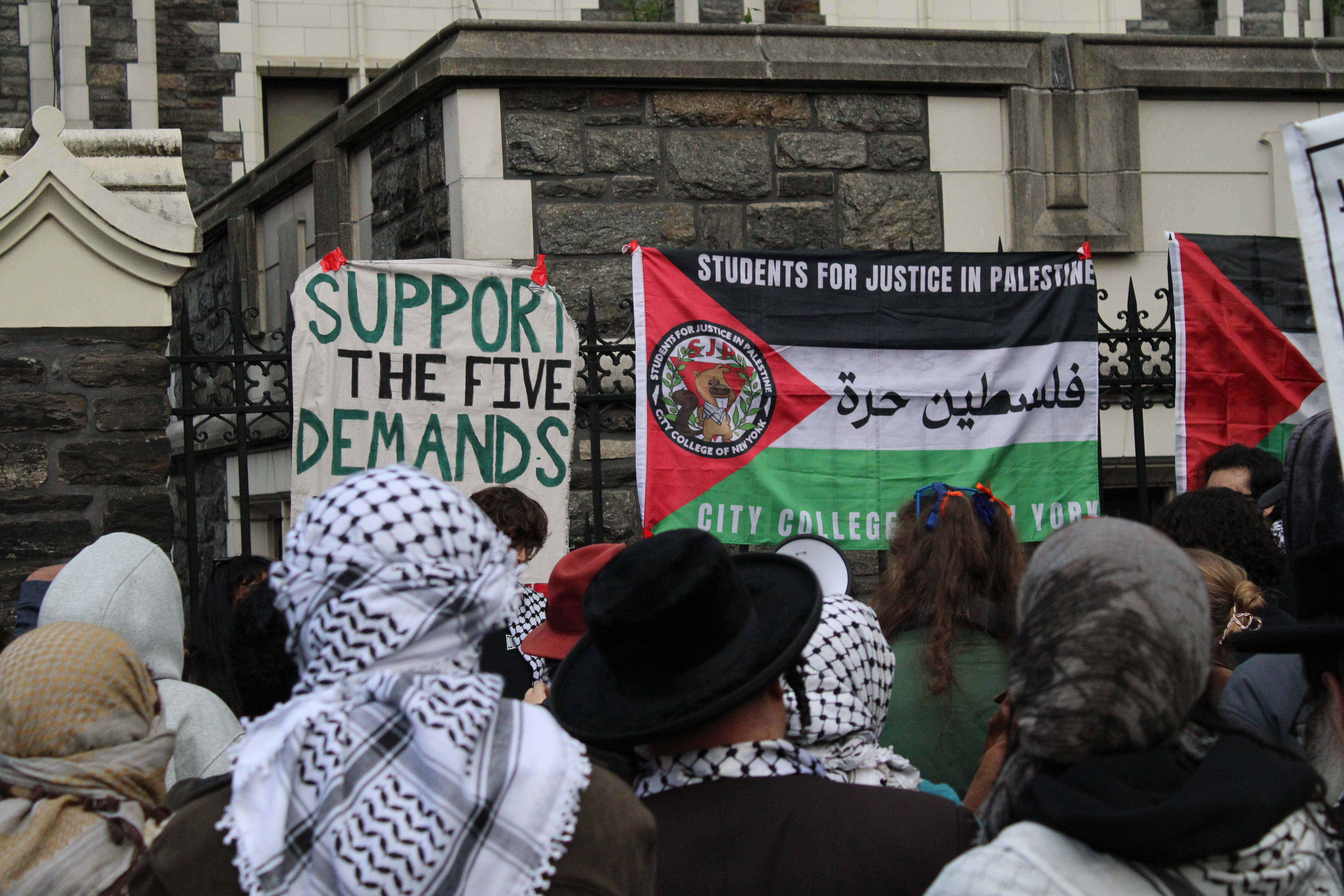 Pro-Palestinian protesters marched from Columbia to City College on encampent anniversary