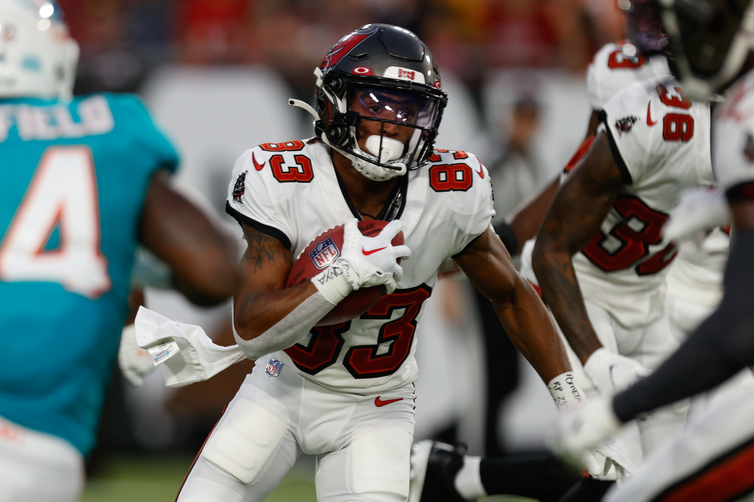 TAMPA, FL - AUGUST 11: Tampa Bay Buccaneers wide receiver Deven Thompkins  (83) runs with the ball