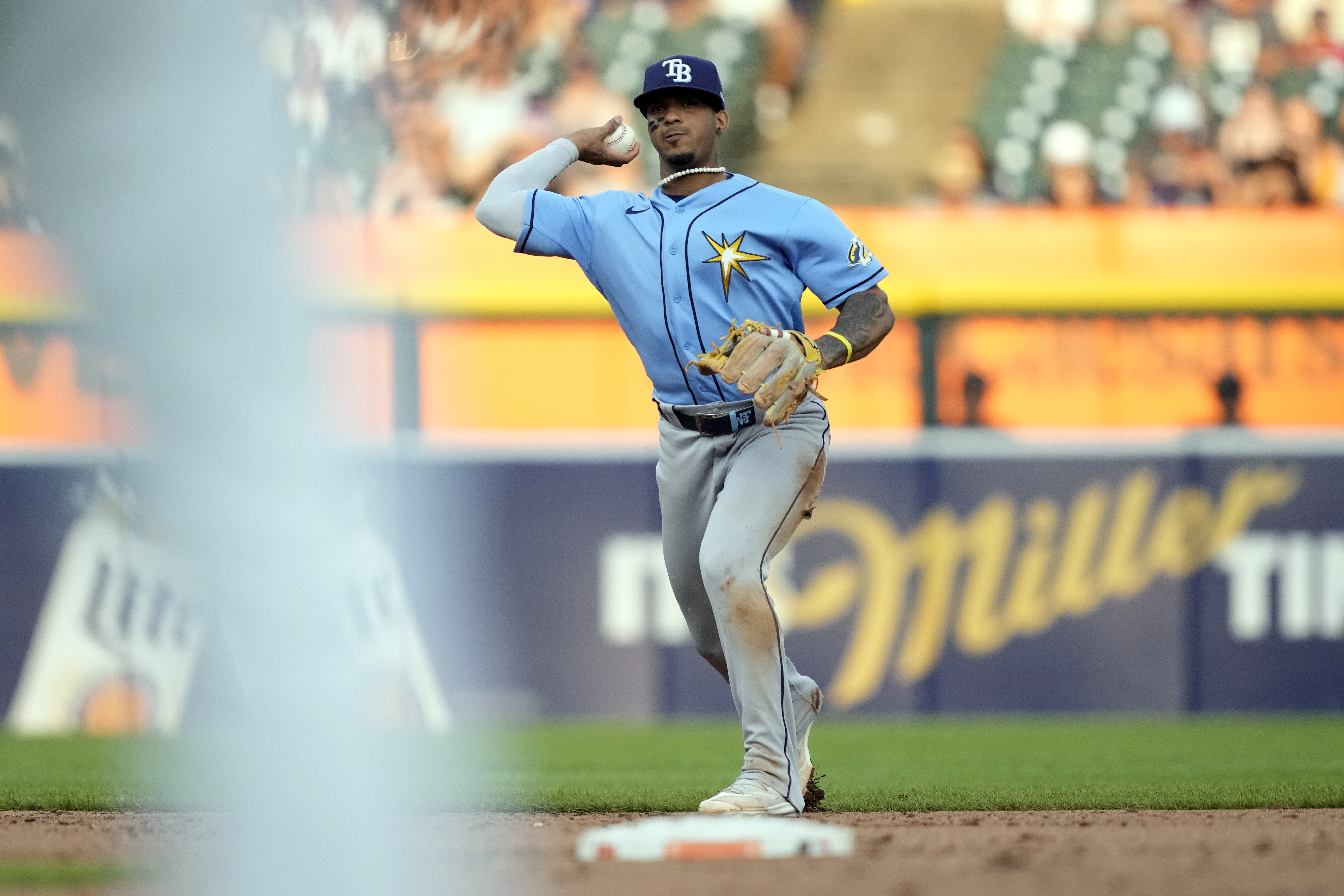 Wander Franco of the Tampa Bay Rays reacts after being walked