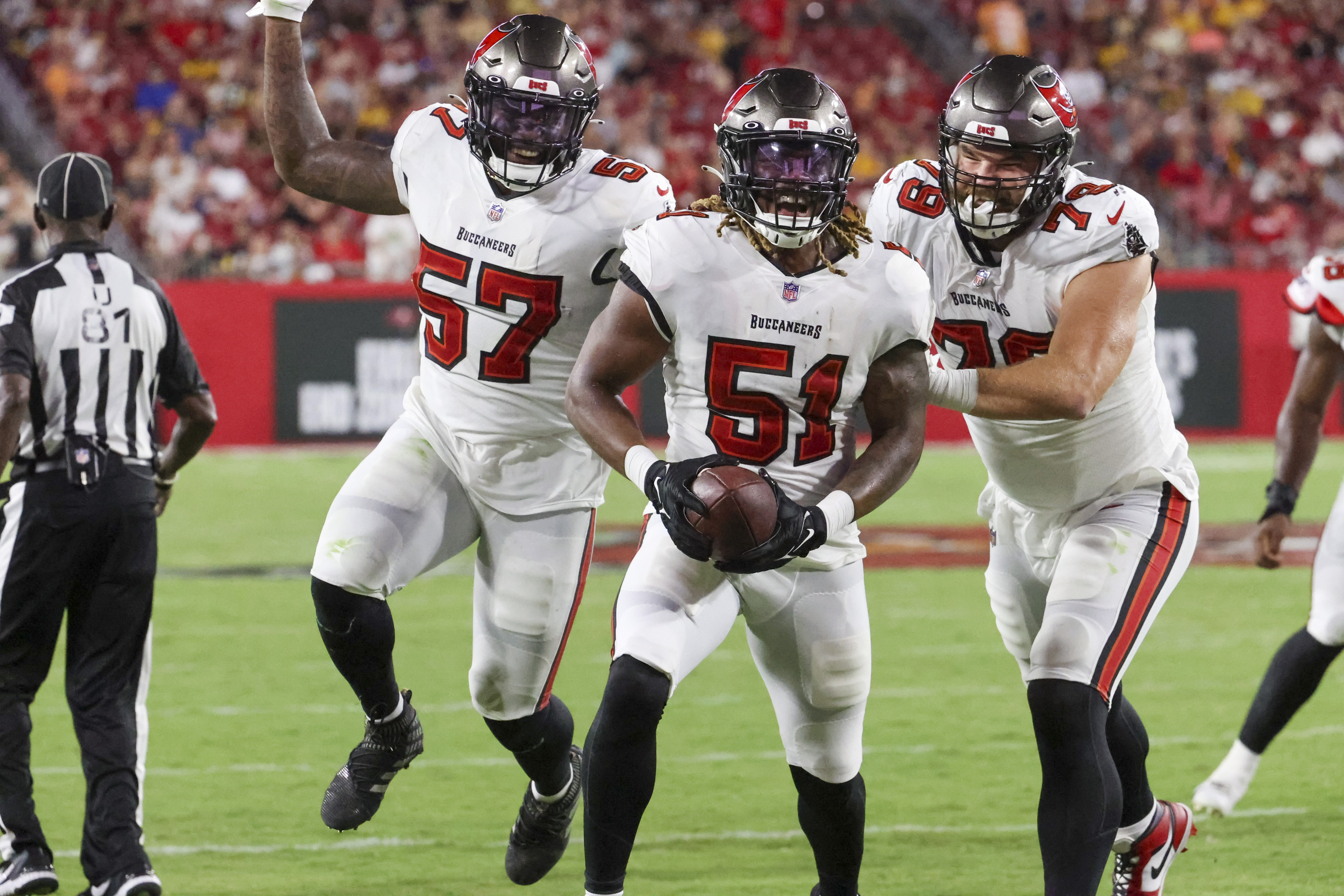 Tampa Bay Buccaneers linebacker K.J. Britt (52) works during the