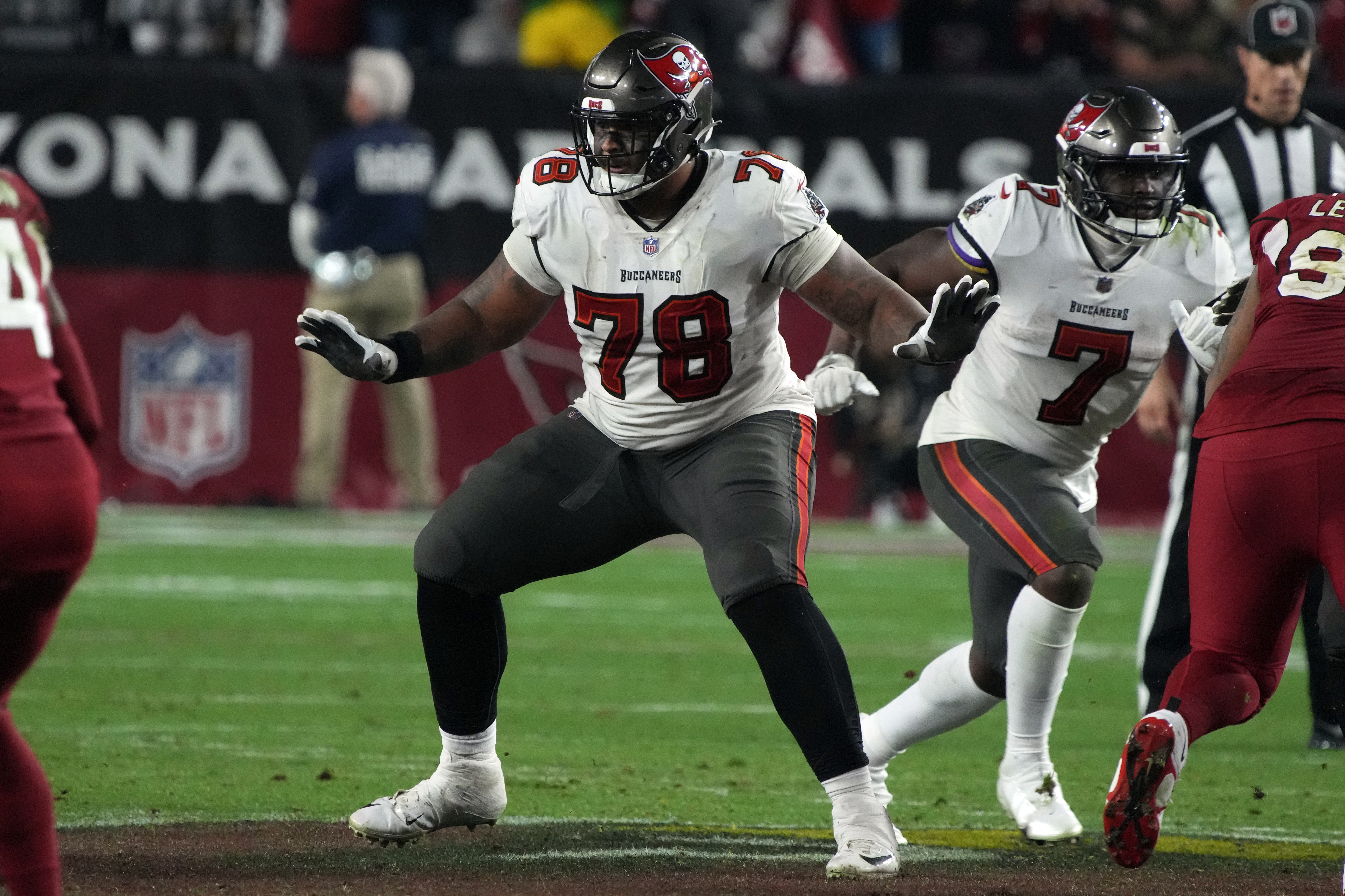 Tampa Bay Buccaneers offensive tackle Tristan Wirfs (78) gestures at the  end of an NFL wild-car …