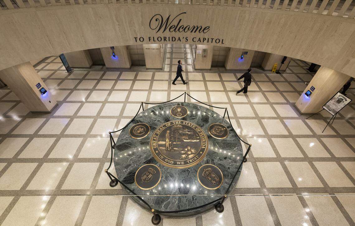 The Florida House is considering eight proposals to cut property taxes. A view inside the Florida Capitols rotunda near the main entrance before the start of the legislative session on Jan. 12, 2026, in Tallahassee.