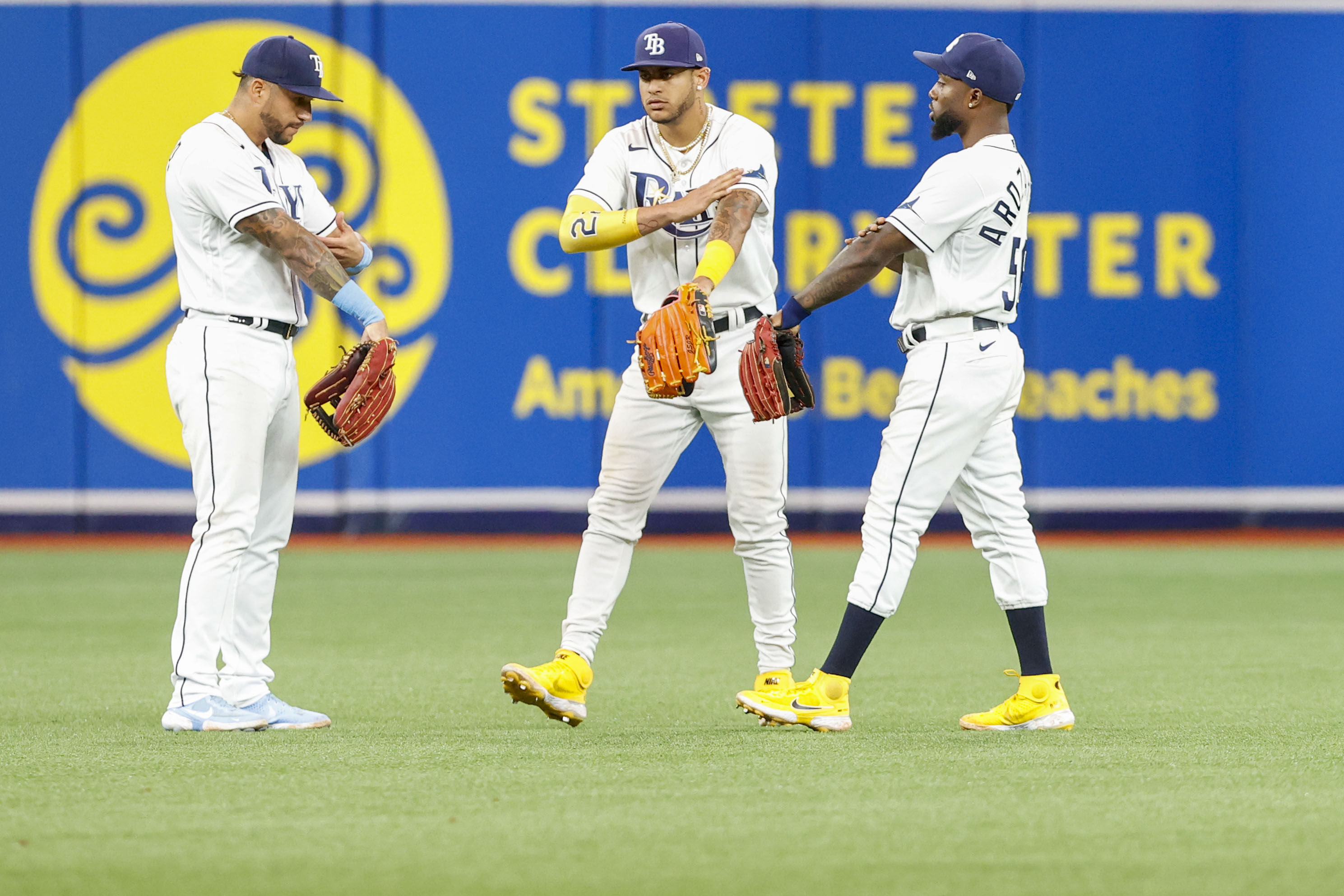 St Petersburg, United States. 02nd May, 2023. Tampa Bay Rays' Jose Siri  celebrates after stealing home during the fifth inning of a baseball game  against the Pittsburgh Pirates at Tropicana Field in