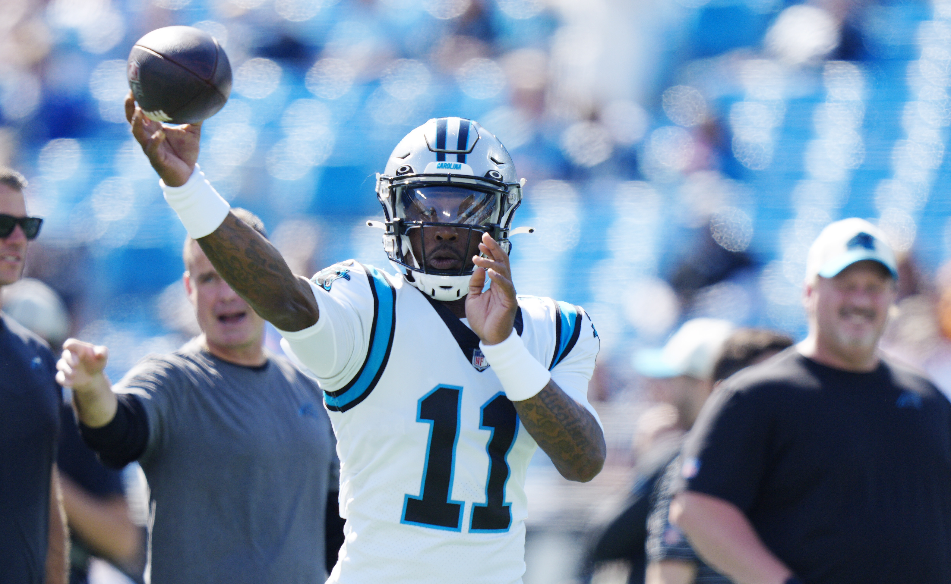 Carolina Panthers wide receiver DJ Moore (2) wears a crucial catch shirt  before an NFL football