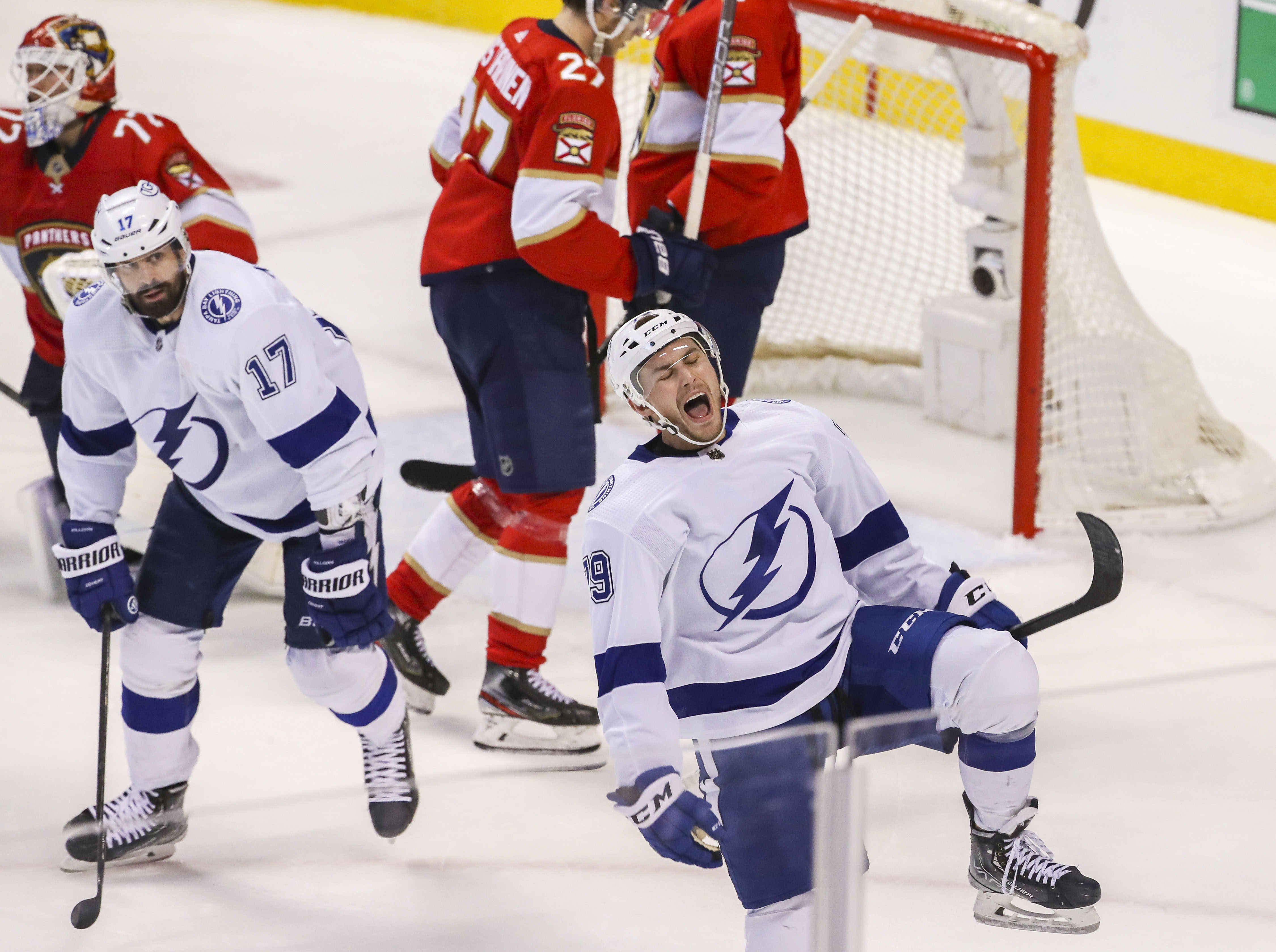 Tampa, Florida, USA. 11th May, 2018. DIRK SHADD  Times.Tampa Bay Lightning  right wing Nikita Kucherov (86), left, Tampa Bay Lightning center Steven  Stamkos (91), center, and Tampa Bay Lightning defenseman Victor