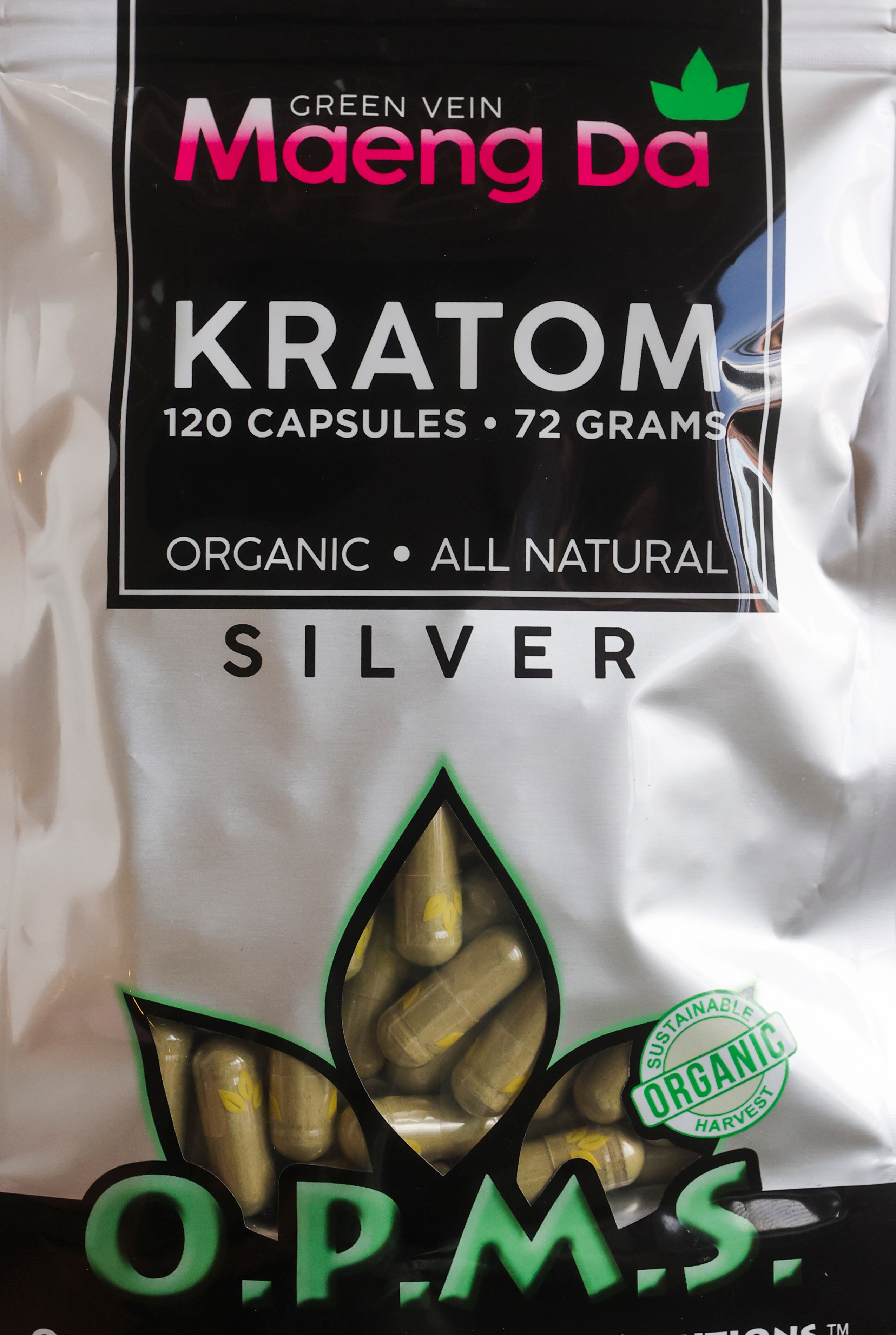 This is O.P.M.S. Silver, a popular kratom product that has been
                    linked to multiple overdose deaths in Florida. The Times found no evidence
                    that O.P.M.S. is a registered company.