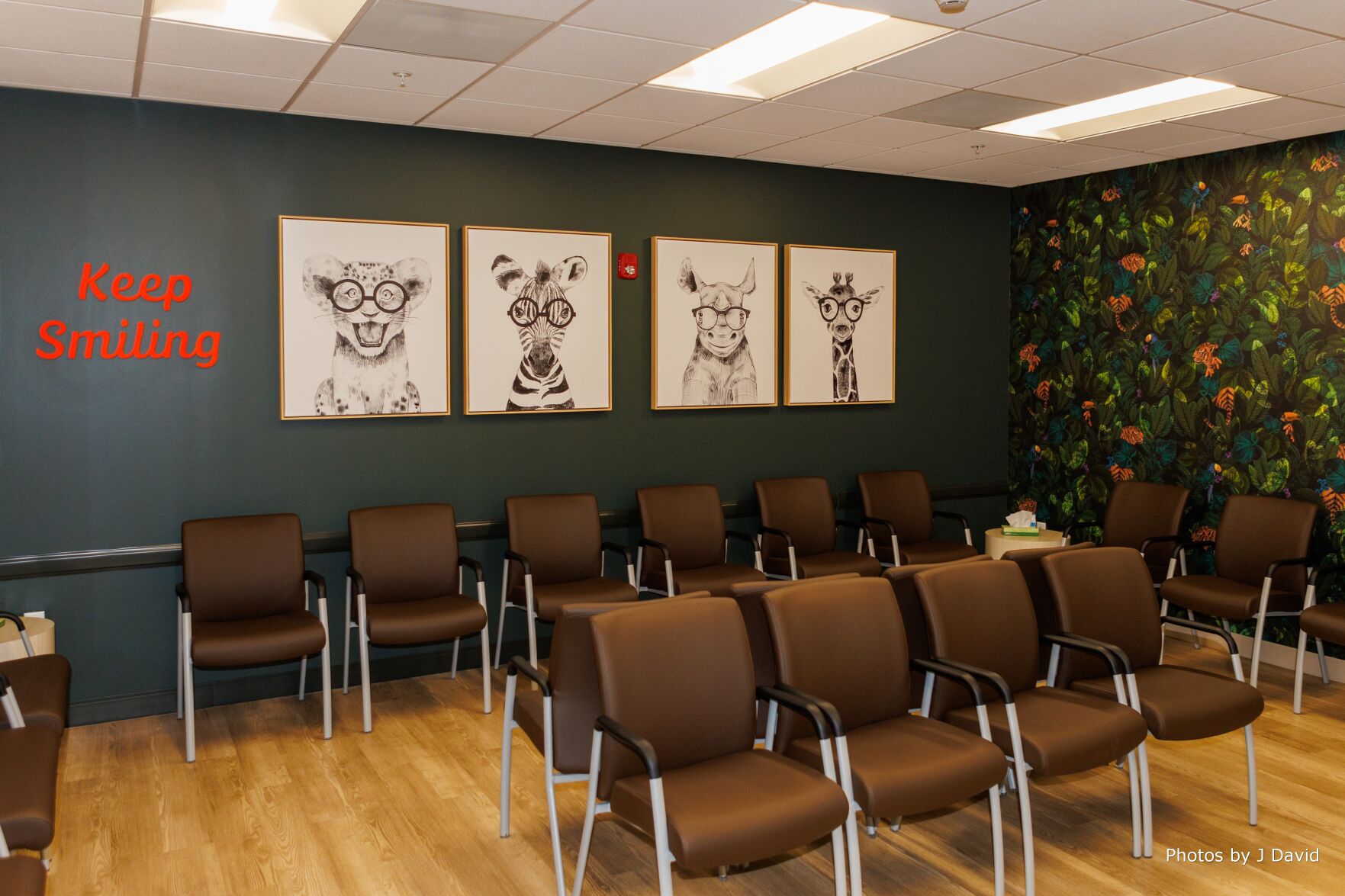 There are separate waiting rooms for sick and well people in primary care, and separate waiting rooms for adults and children in departments like behavior health and dentistry. Children’s areas have bright colors and cute art; behavioral health rooms have soothing colors and calming artwork.