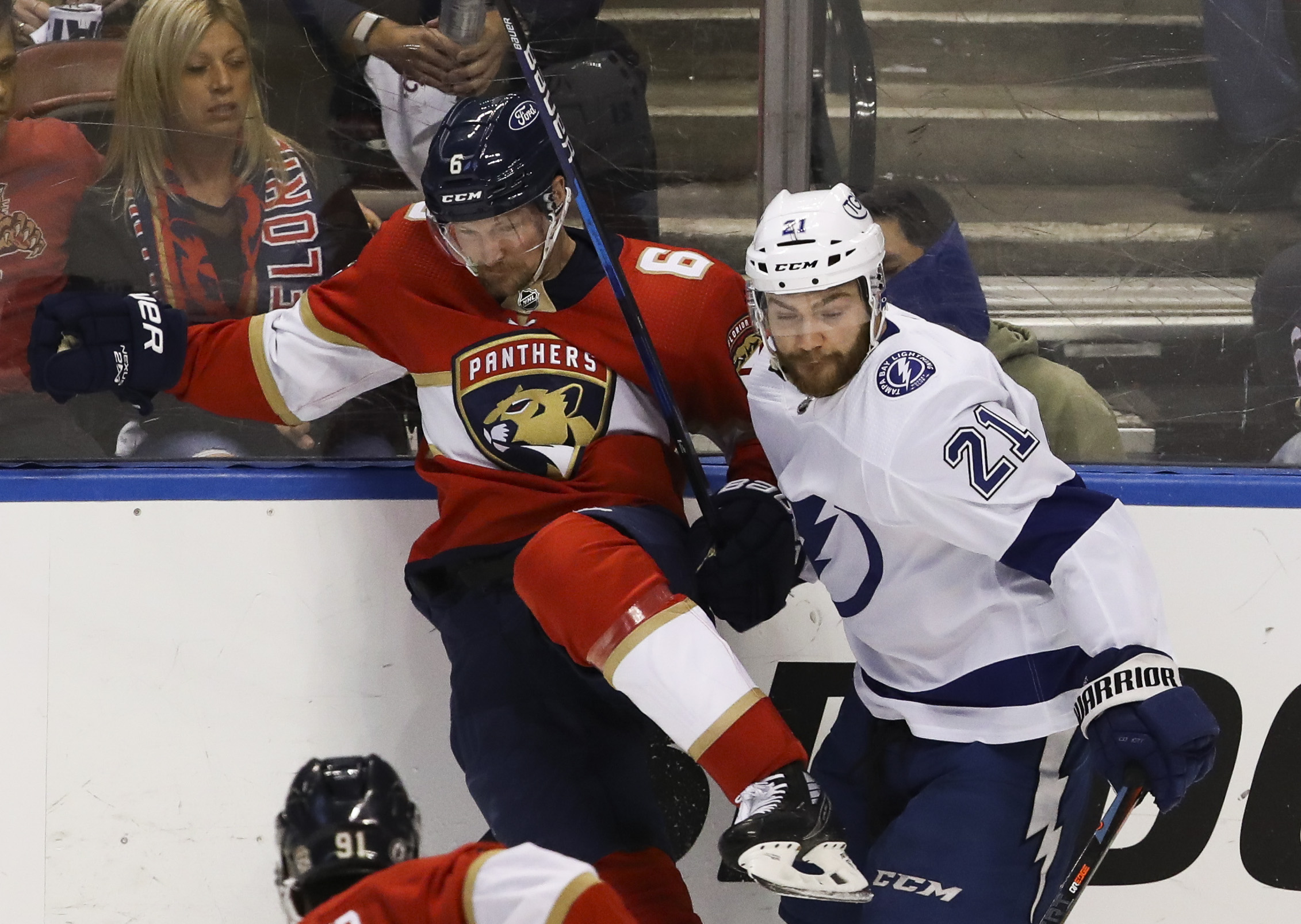 The Florida Panthers' Jonathan Huberdeau during warmups before the start of  a game against the Toronto Maple Leafs at the BB&T Center in Sunrise, Fla.,  on Friday, Jan. 18, 2019. (Photo by