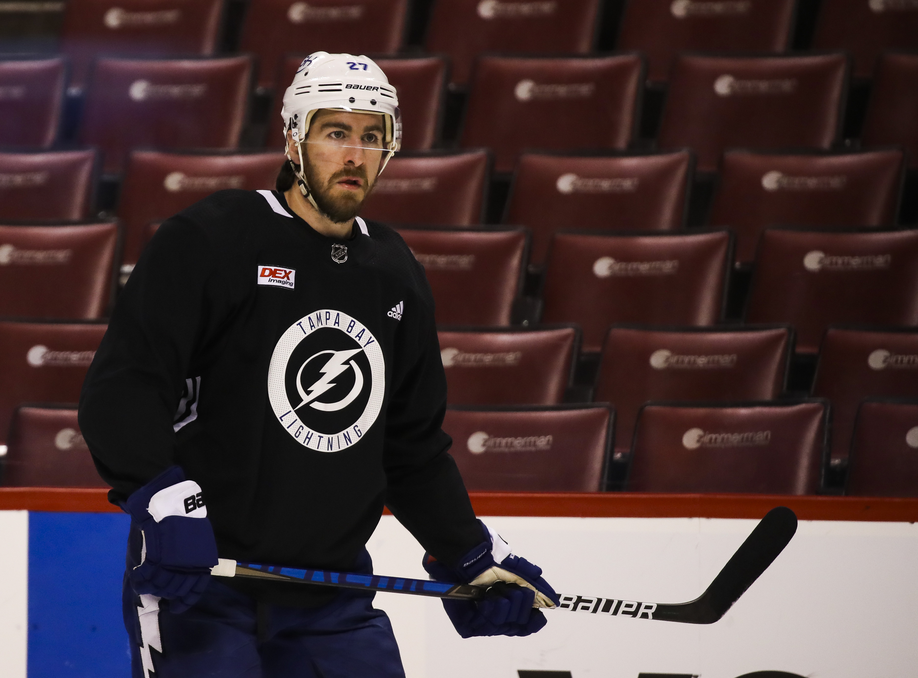 Tampa Bay Lightning's Nikita Kucherov watches a puck in the accuracy  shooting event during the skills competition, part of the NHL hockey All- Star weekend in San Jose, Calif., Friday, Jan. 25, 201 …