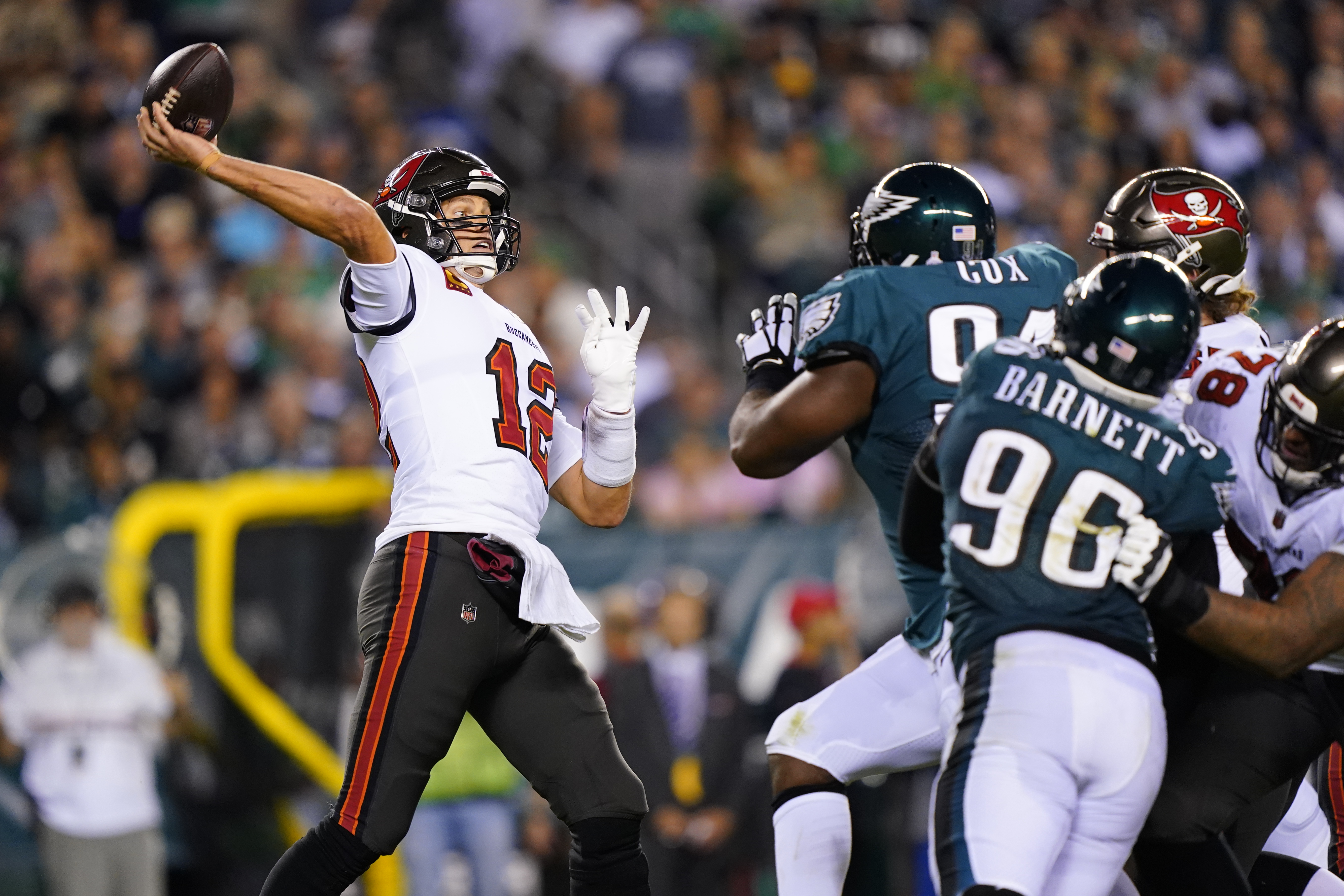 Philadelphia Eagles wide receiver Quez Watkins (16) looks on as his catch  was ruled an incomplete pass against the Tampa Bay Buccaneers during an NFL  football game, Thursday, Oct. 14, 2021, in