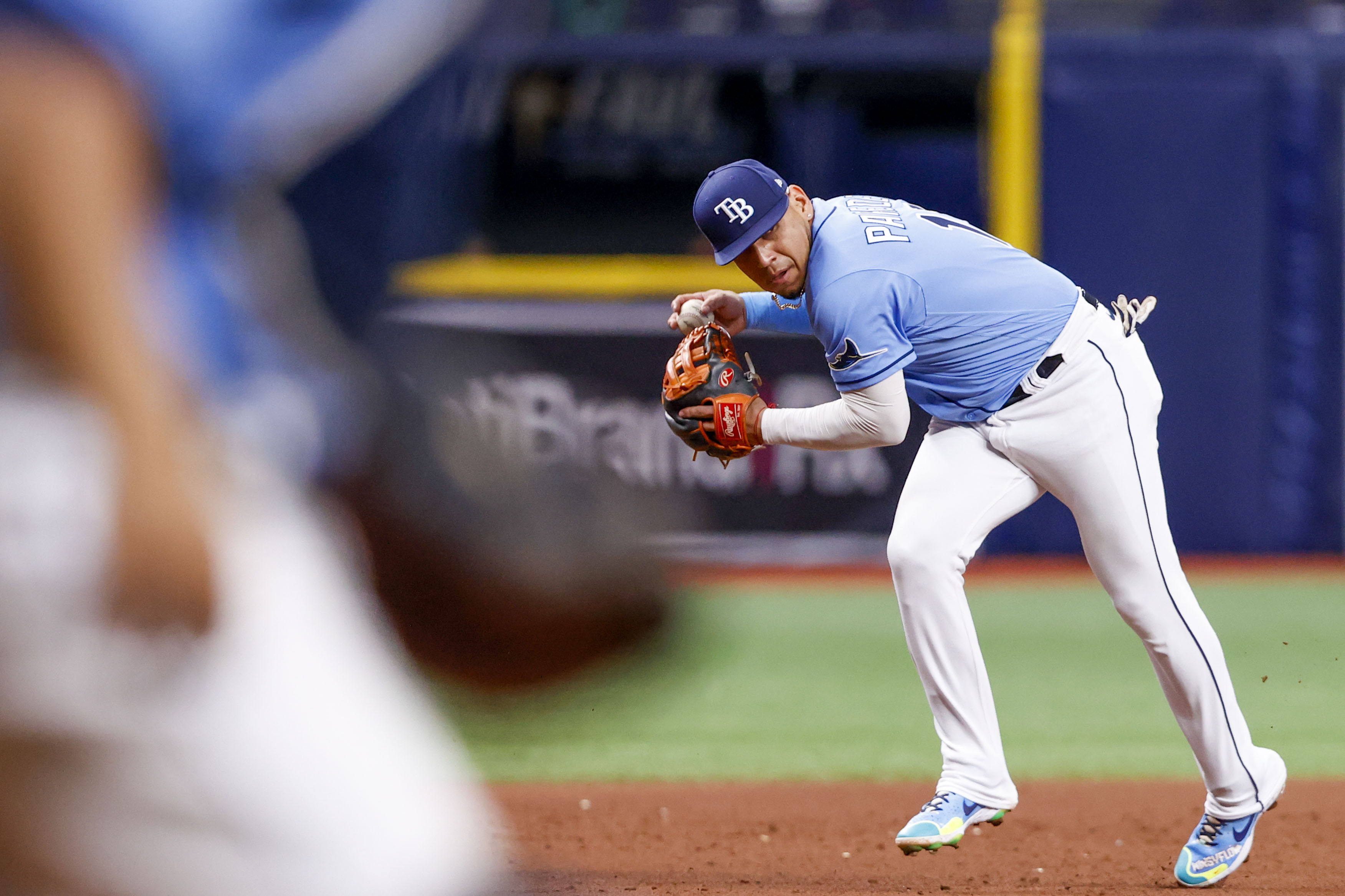 CLEVELAND, OH - SEPTEMBER 28: Tampa Bay Rays first baseman Ji-Man Choi (26)  slides into second base with a double during the second inning of the Major  League Baseball game between the