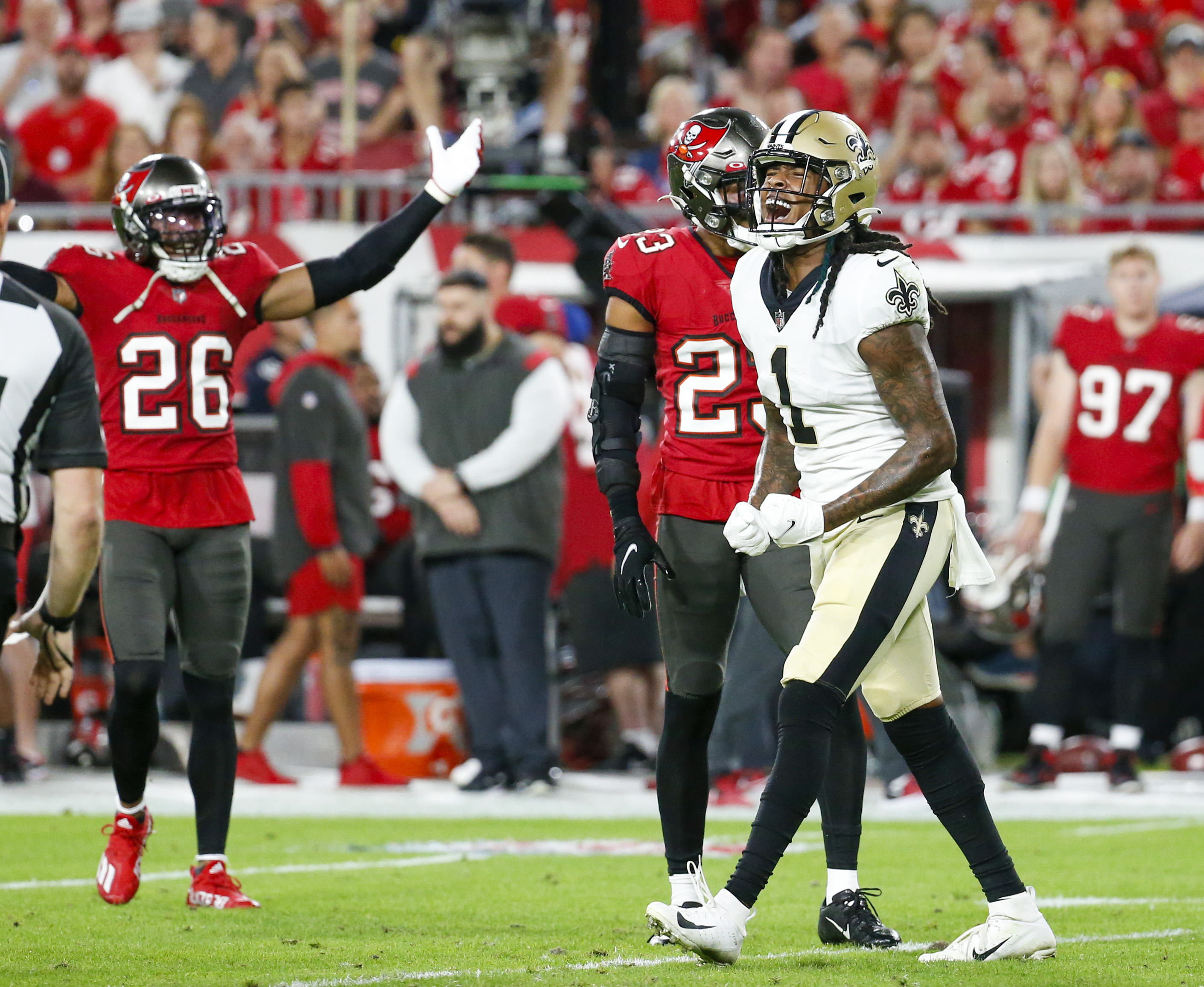 Carlton Davis of the Tampa Bay Buccaneers reacts after a penalty News  Photo - Getty Images