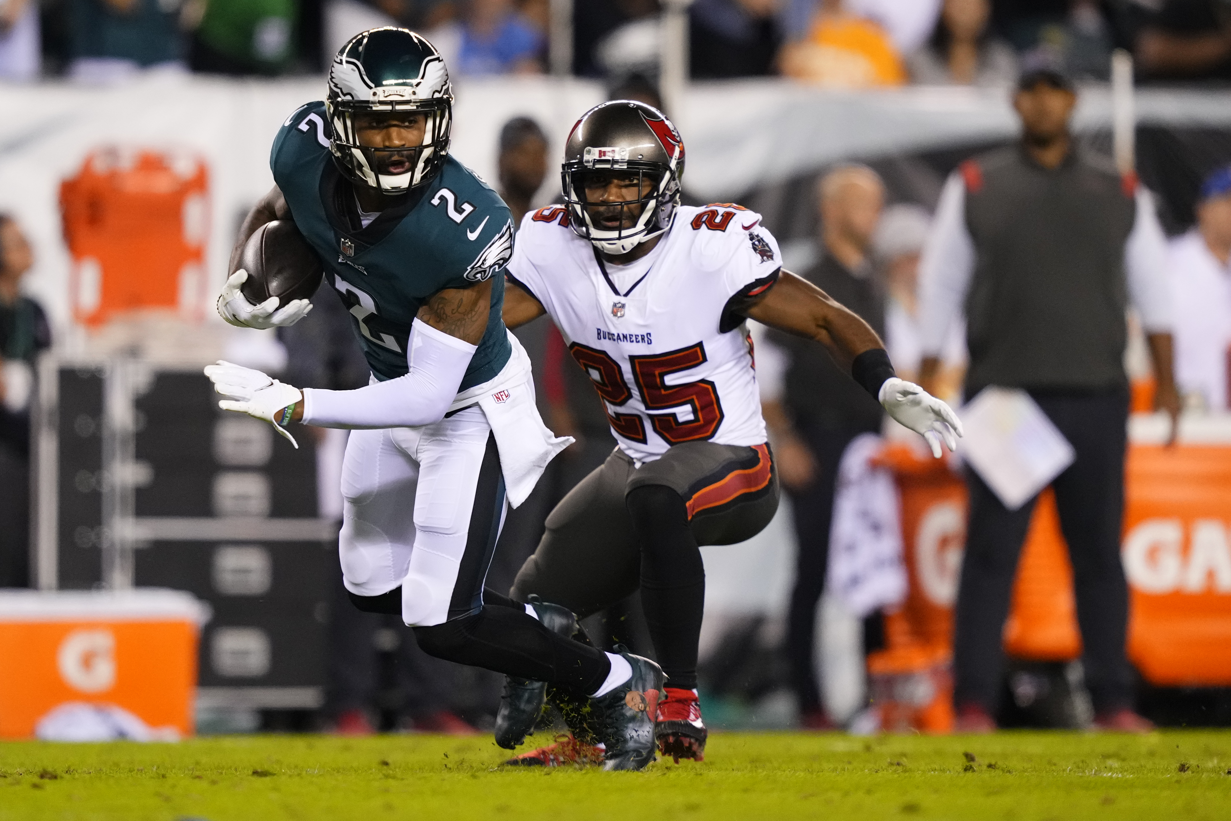 October 14, 2021: Tampa Bay Buccaneers tight end O.J. Howard (80) looks on  following his touchdown during the NFL game between the Tampa Bay Buccaneers  and the Philadelphia Eagles at Lincoln Financial