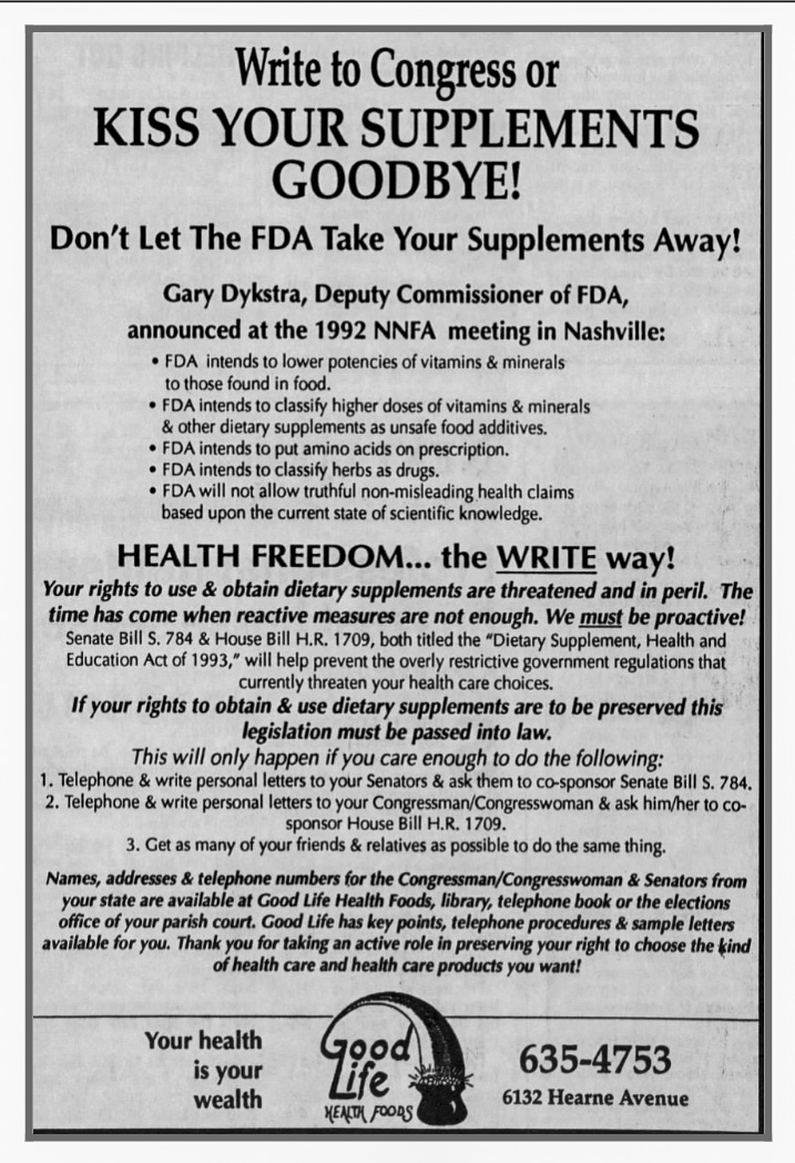 Photo of the 1994 Dietary Supplement Health and Education Act.