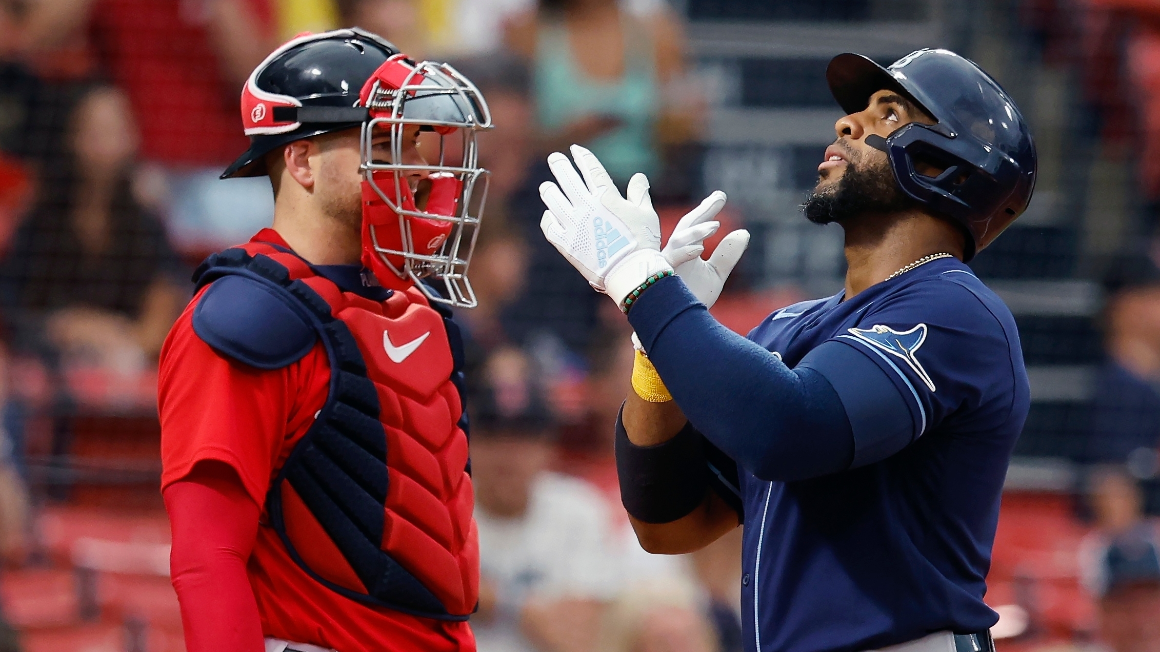 Boston Red Sox catcher Kevin Plawecki, left, celebrates with