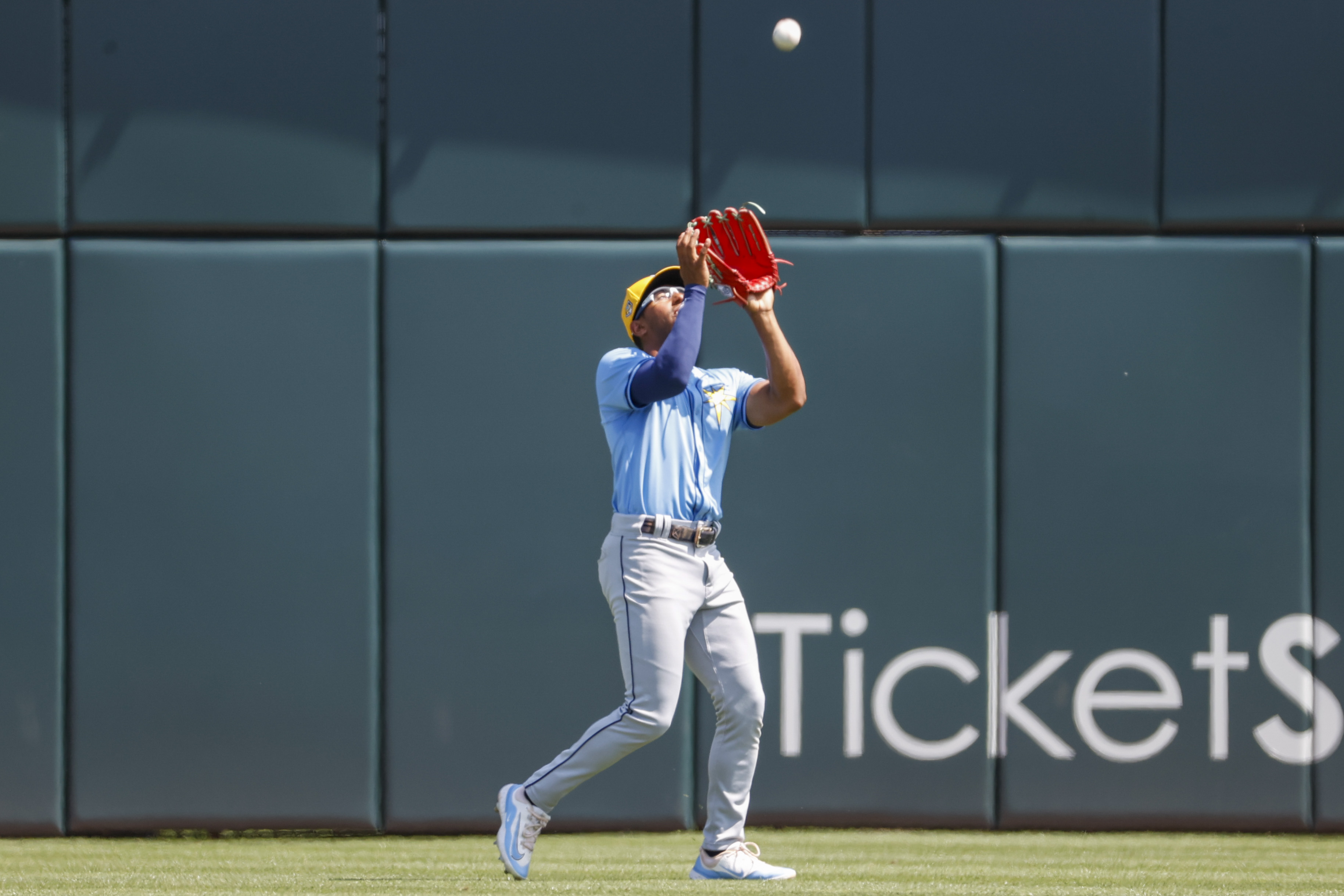 Richie Palacios (1) makes a catch in centerfield during a spring training game against the Braves last week in North Port.
