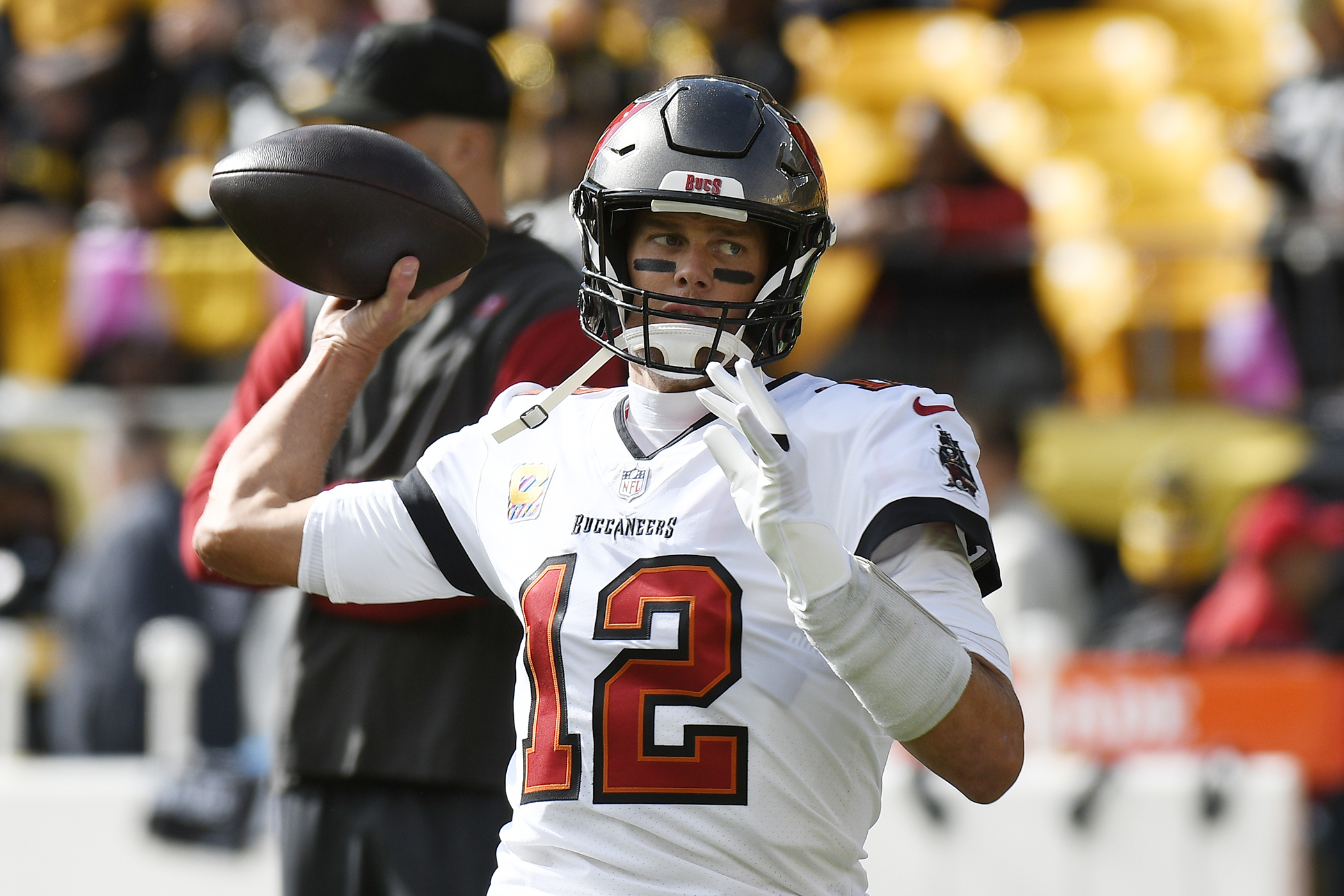 Tampa Bay Buccaneers quarterback Ryan Fitzpatrick (14) celebrates with  tight end Cameron Brate (84) after Brate caught a 4-yard touchdown pass  against the Pittsburgh Steelers during the first half …