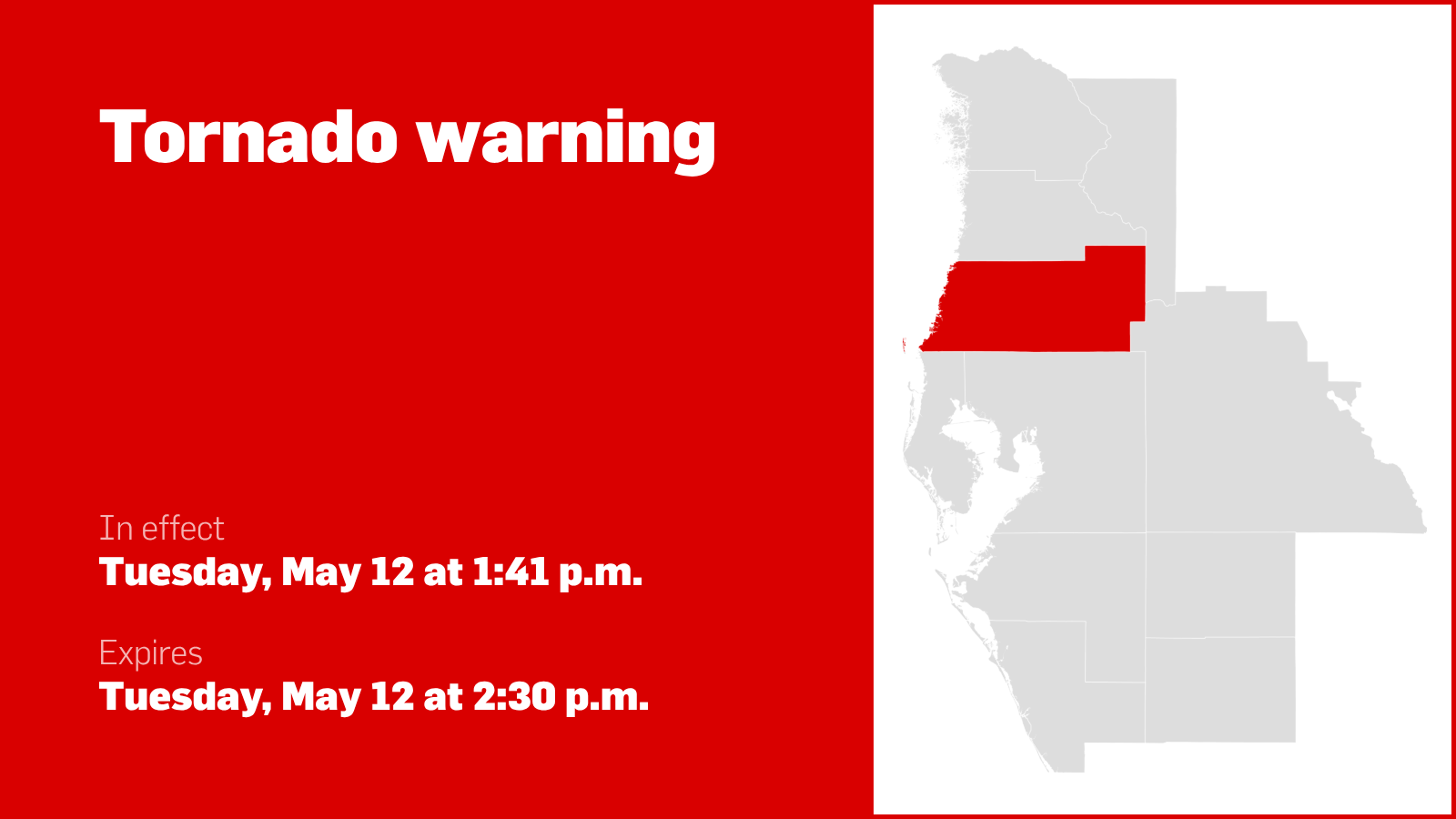 Tornado warning in place for Pasco County Tuesday afternoon – move