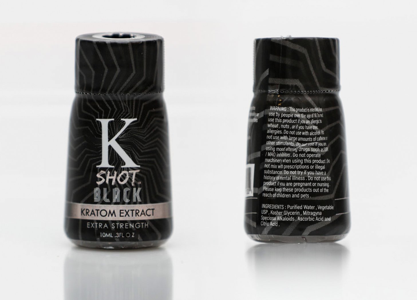 The K Shot Black extract warns customers not to combine it with
                                    certain substances, including alcohol and prescription drugs. The
                                    liquid shot contains 114 milligrams of mitragynine and 24 milligrams
                                    of speciociliatine, but neither amount is listed on the bottle.