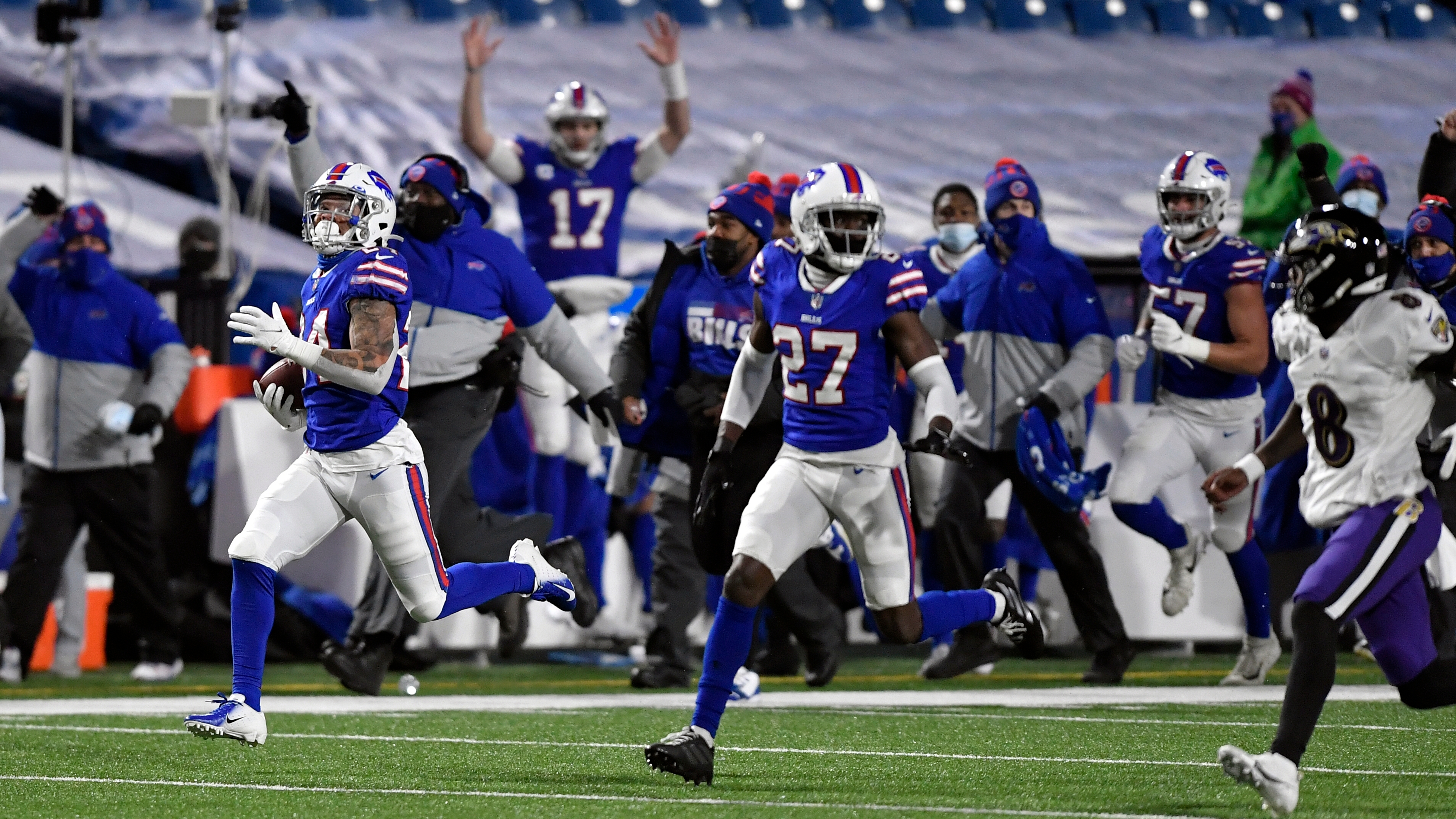 Baltimore Ravens quarterback Tyler Huntley (2) carries the ball against the Buffalo  Bills during the second half of an NFL divisional round football game  Saturday, Jan. 16, 2021, in Orchard Park, N.Y. (