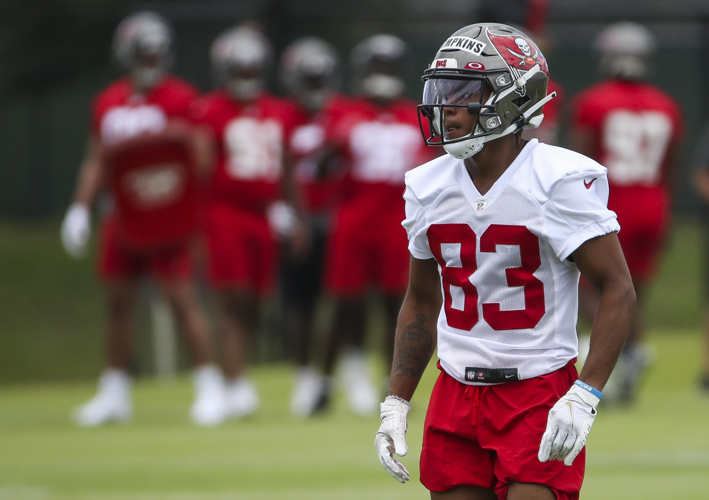 TAMPA, FL - AUGUST 11: Tampa Bay Buccaneers wide receiver Deven Thompkins  (83) runs with the ball