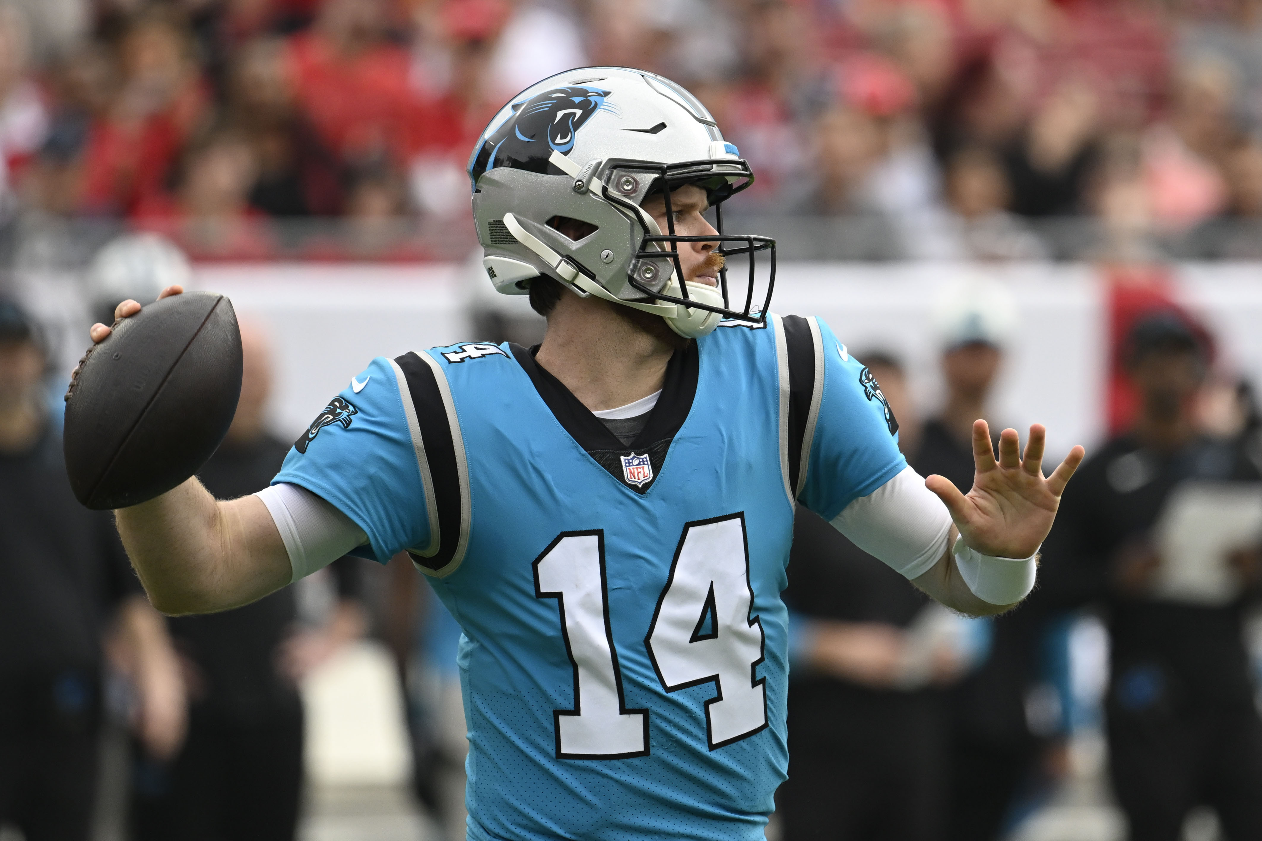 Carolina Panthers running back Chuba Hubbard runs against the Atlanta  Falcons during the first half of an NFL football game on Thursday, Nov. 10,  2022, in Charlotte, N.C. (AP Photo/Rusty Jones Stock