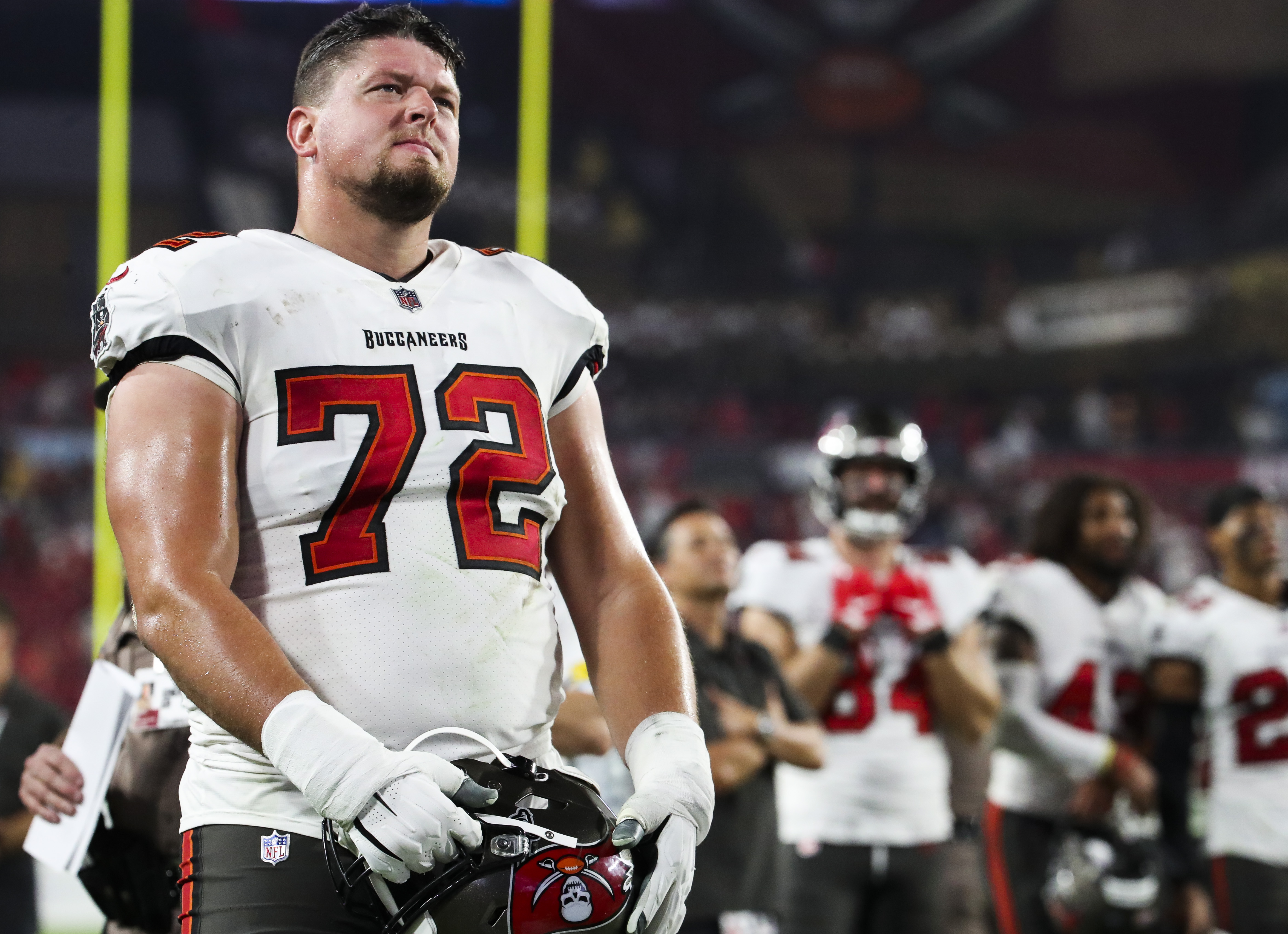 TAMPA, FL - DECEMBER 05: Tampa Bay Buccaneers Offensive Tackle Josh Wells ( 72) pass blocks during th