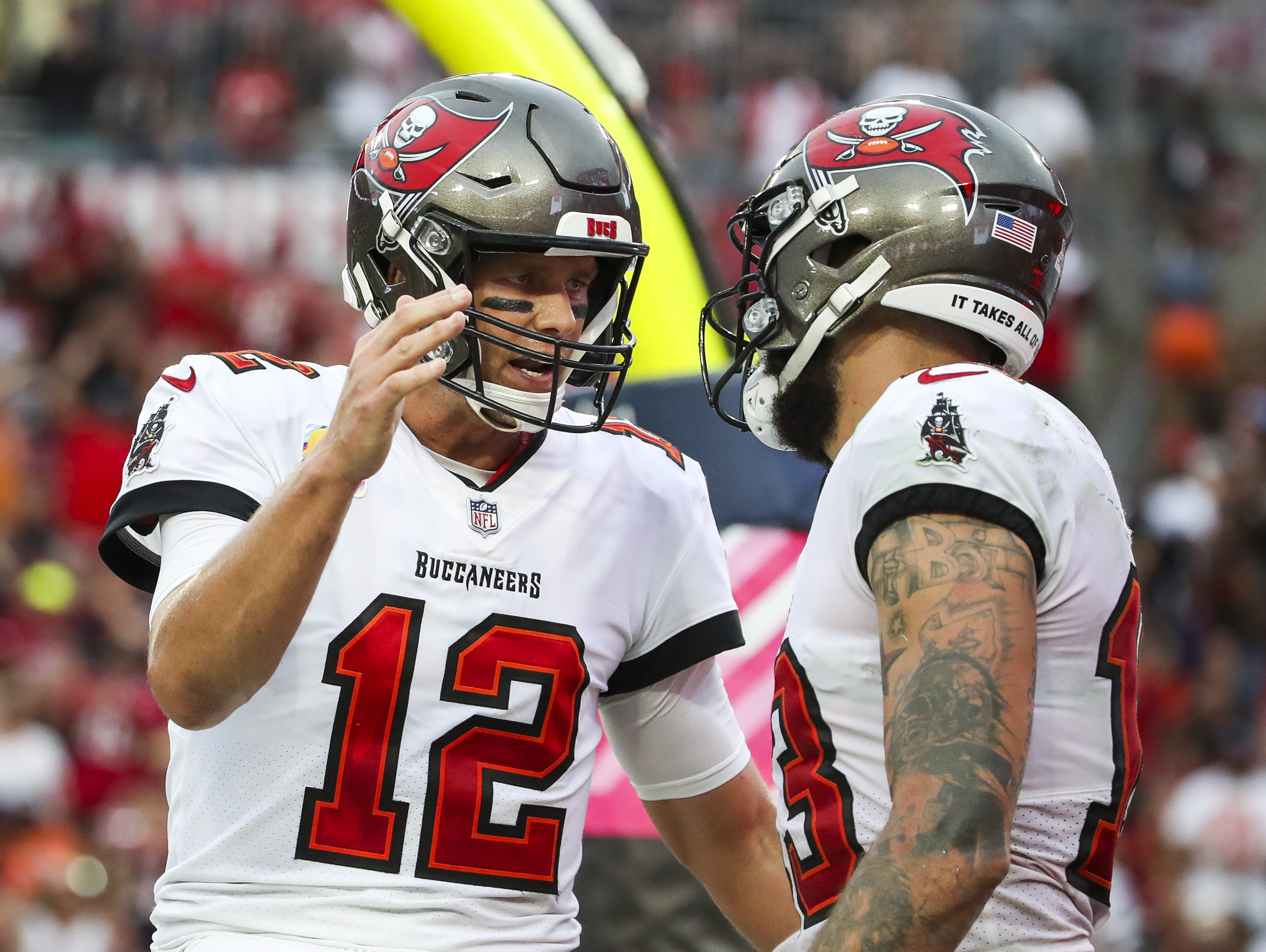 Tampa Bay, Florida, USA, January 1, 2023, Tampa Bay Buccaneers Wide  Receiver Mike Evans #13 receives a pass from Tom Brady and make a touch  down at Raymond James Stadium. (Photo Credit: