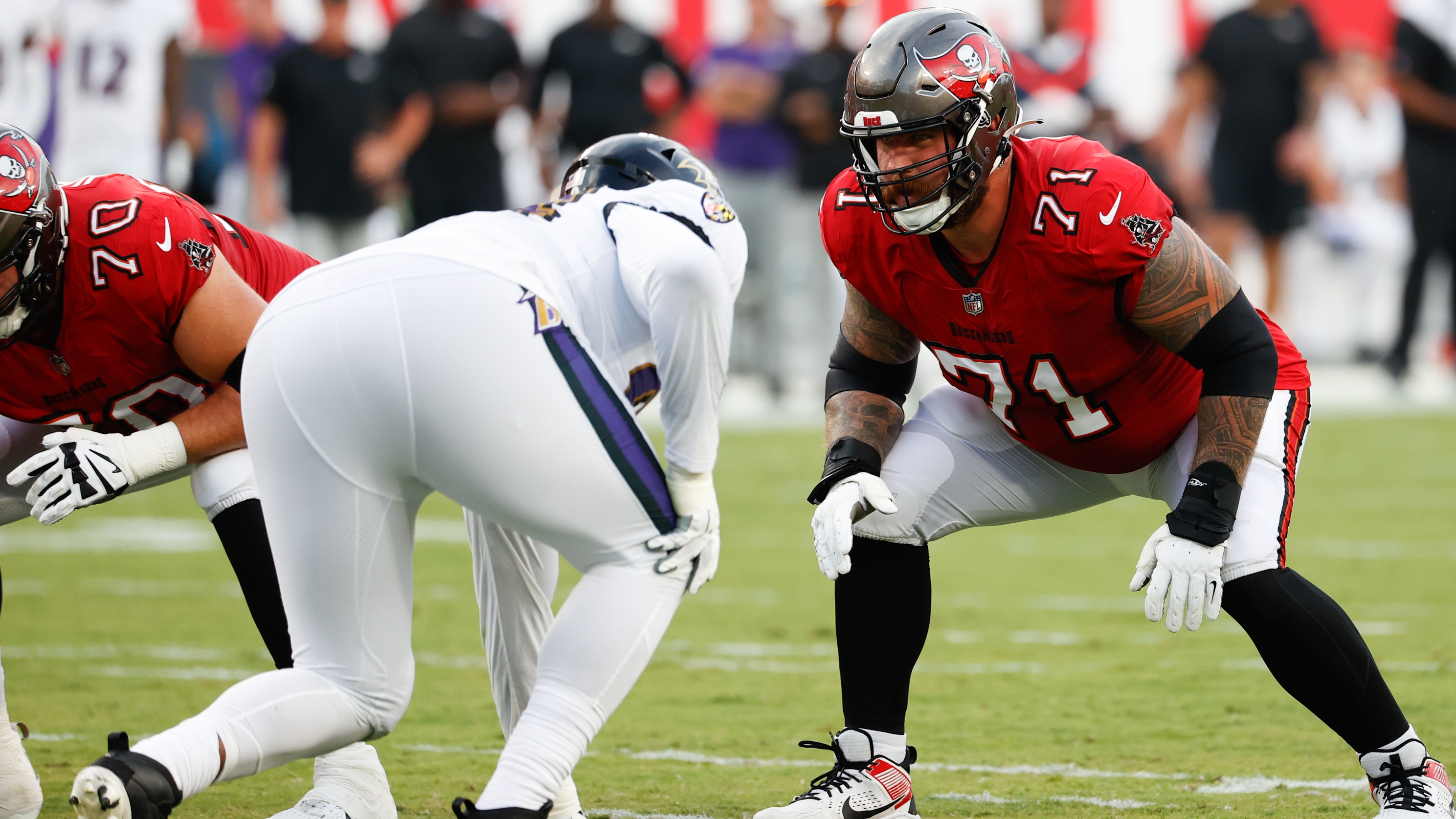 Tampa Bay Buccaneers rookie Tristan Wirfs prepares to block for