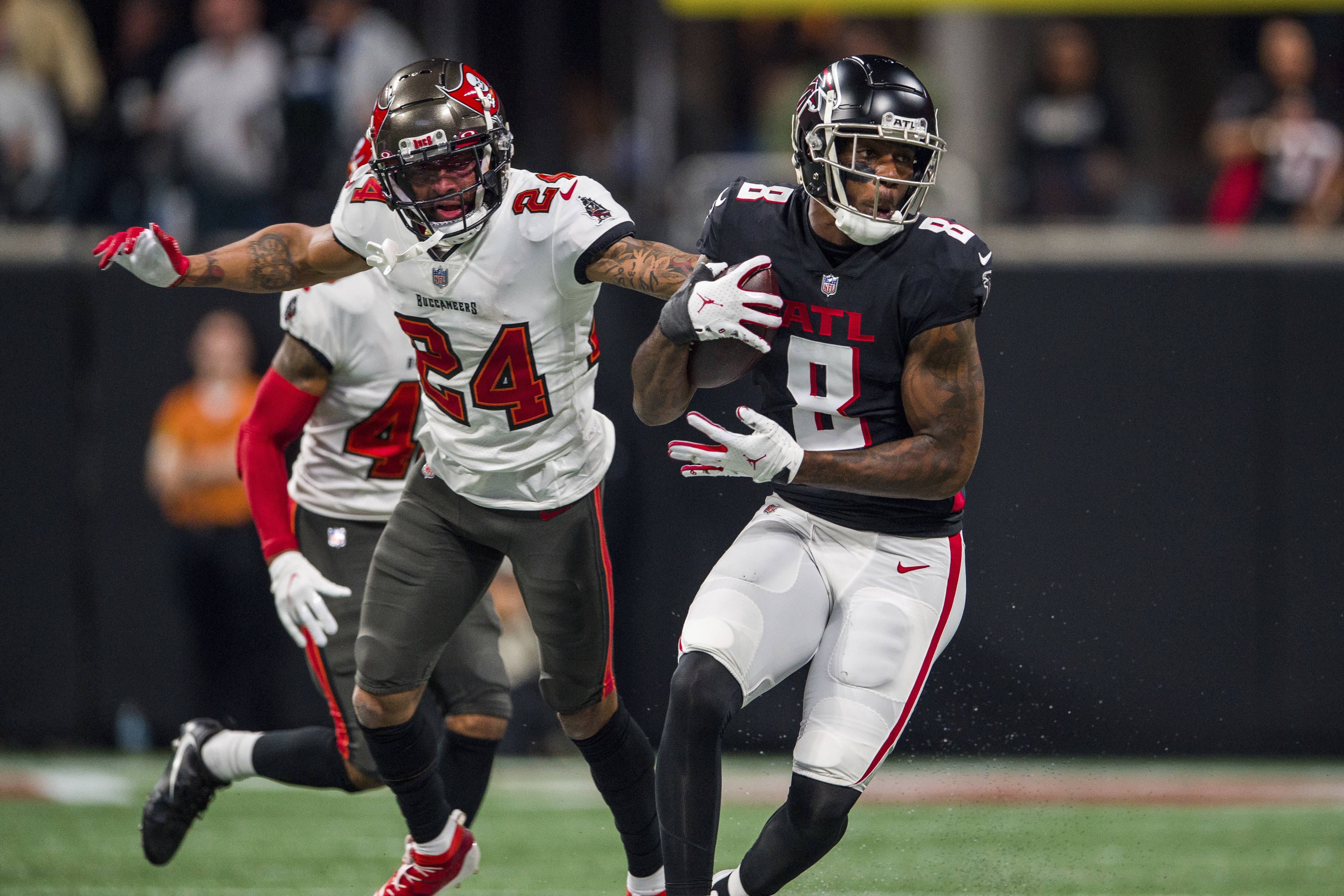 Tampa Bay Buccaneers cornerback Sean Murphy-Bunting (23) works during the  first half of an NFL football game against the Atlanta Falcons, Sunday,  Jan. 8, 2023, in Atlanta. The Atlanta Falcons won 30-17. (