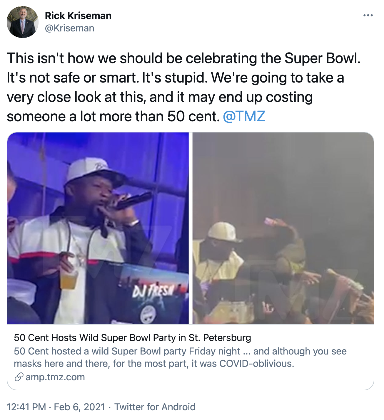 St. Petersburg mayor calls out 50 Cent's maskless Super Bowl party