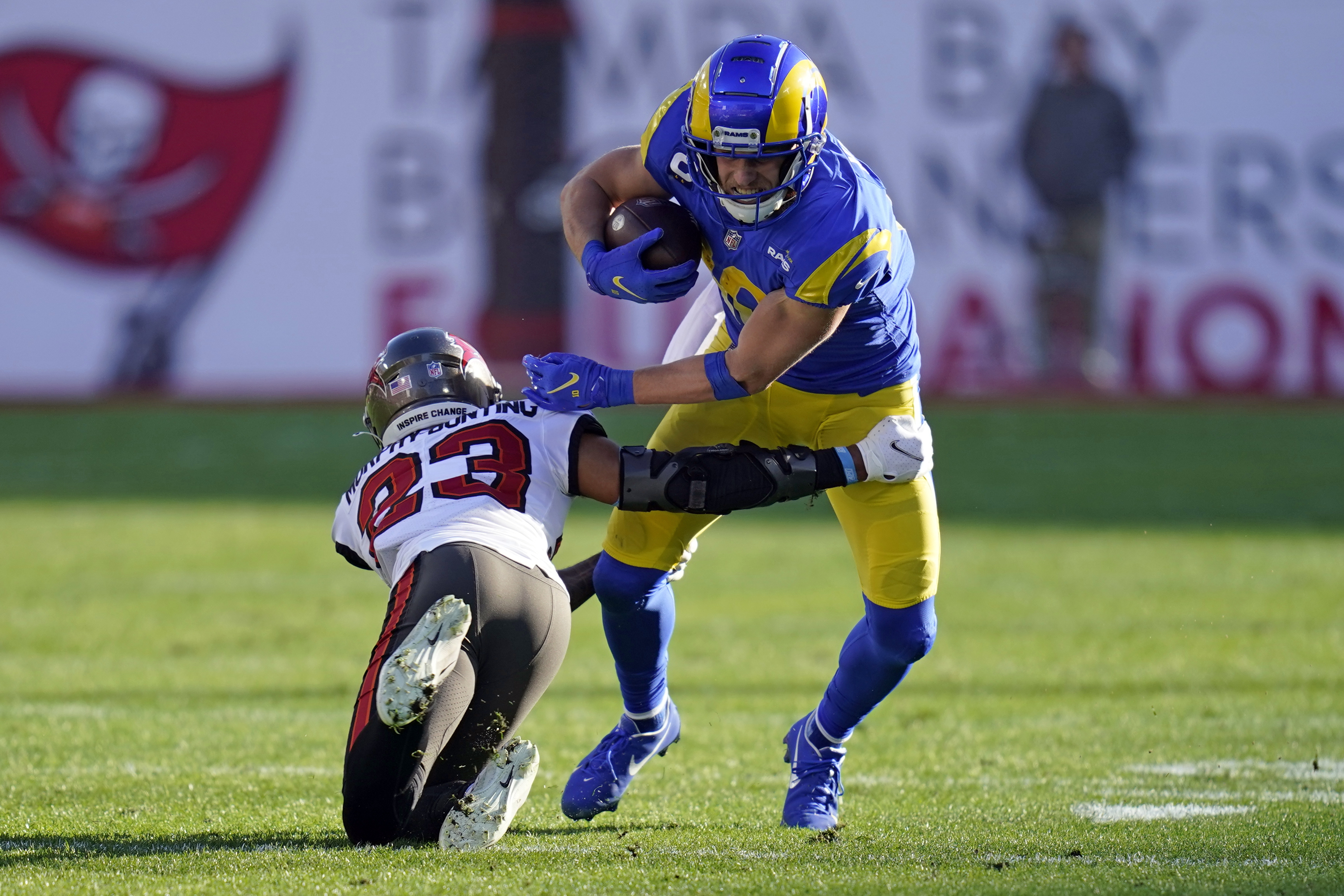 Los Angeles Rams wide receiver Brandon Powell lines up at the Rams' punter  spot to intentionally take a safety late in the game