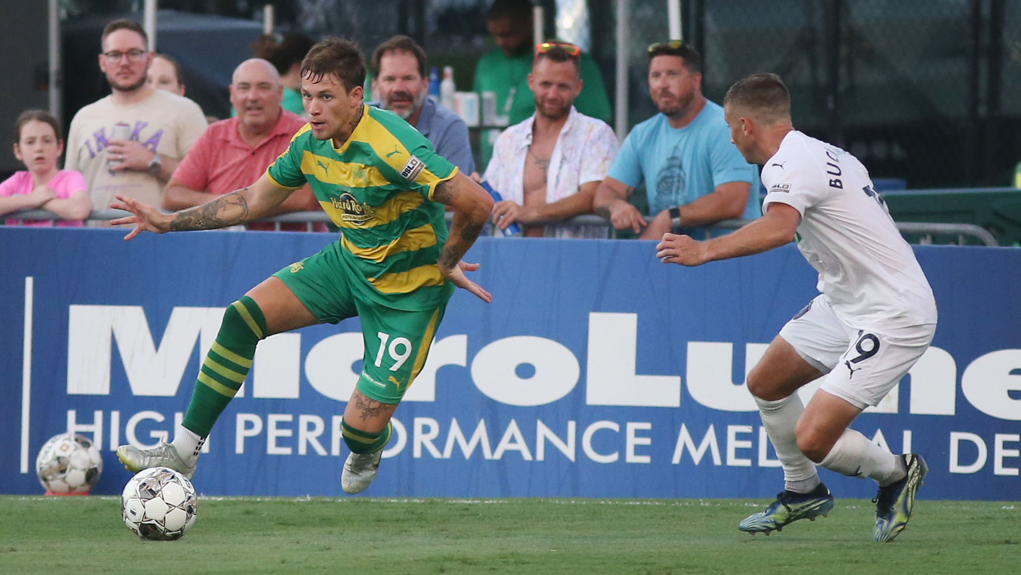 St. Petersburg, United States. 19th Mar, 2022. St. Petersburg, FL. USA; Tampa  Bay Rowdies forward Jake LaCava (19) shoots on goal during pregame warmups  prior to a USL soccer game against the