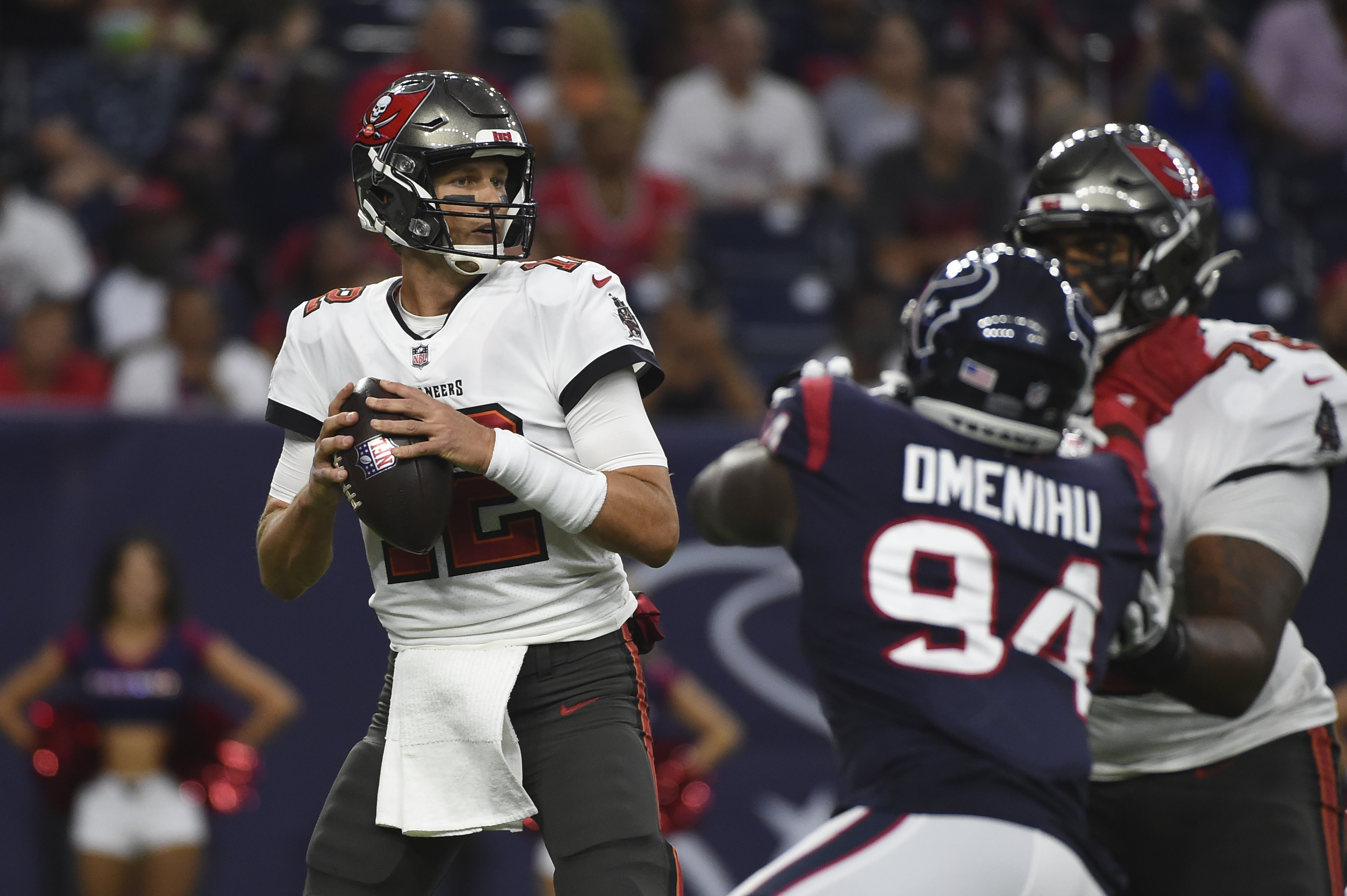 August 28, 2021: Tampa Bay Buccaneers quarterback Kyle Trask (2) looks on  as starting quarterback Tom Brady runs the Buccaneers offense during an NFL  preseason game between the Houston Texans and the