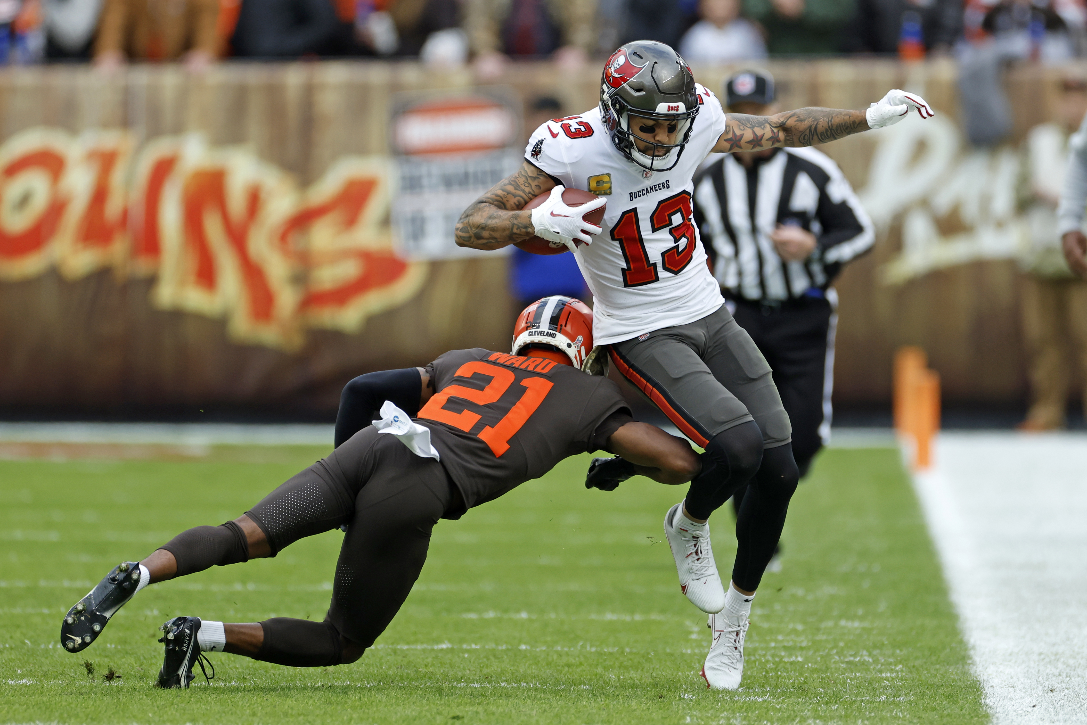 August 28, 2021: Tampa Bay Buccaneers wide receiver Mike Evans (13)  celebrates with wide receiver Chris Godwin (14) after a touchdown during an  NFL preseason game between the Houston Texans and the