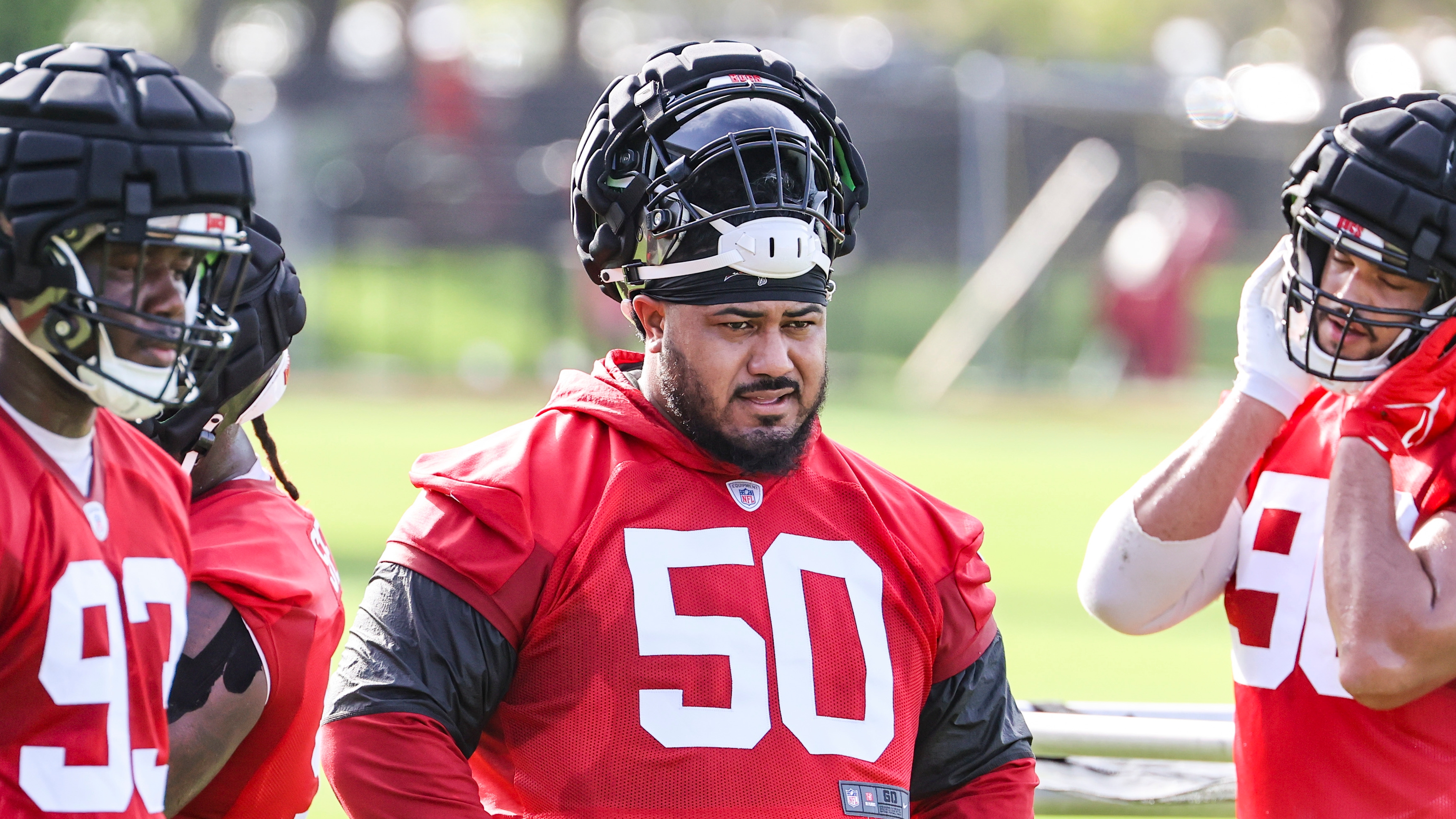 Tampa Bay Buccaneers defensive tackle Vita Vea (50) looks on between plays  during the second half of an NFL football game against the Washington  Football Team, Sunday, Nov. 14, 2021, in Landover