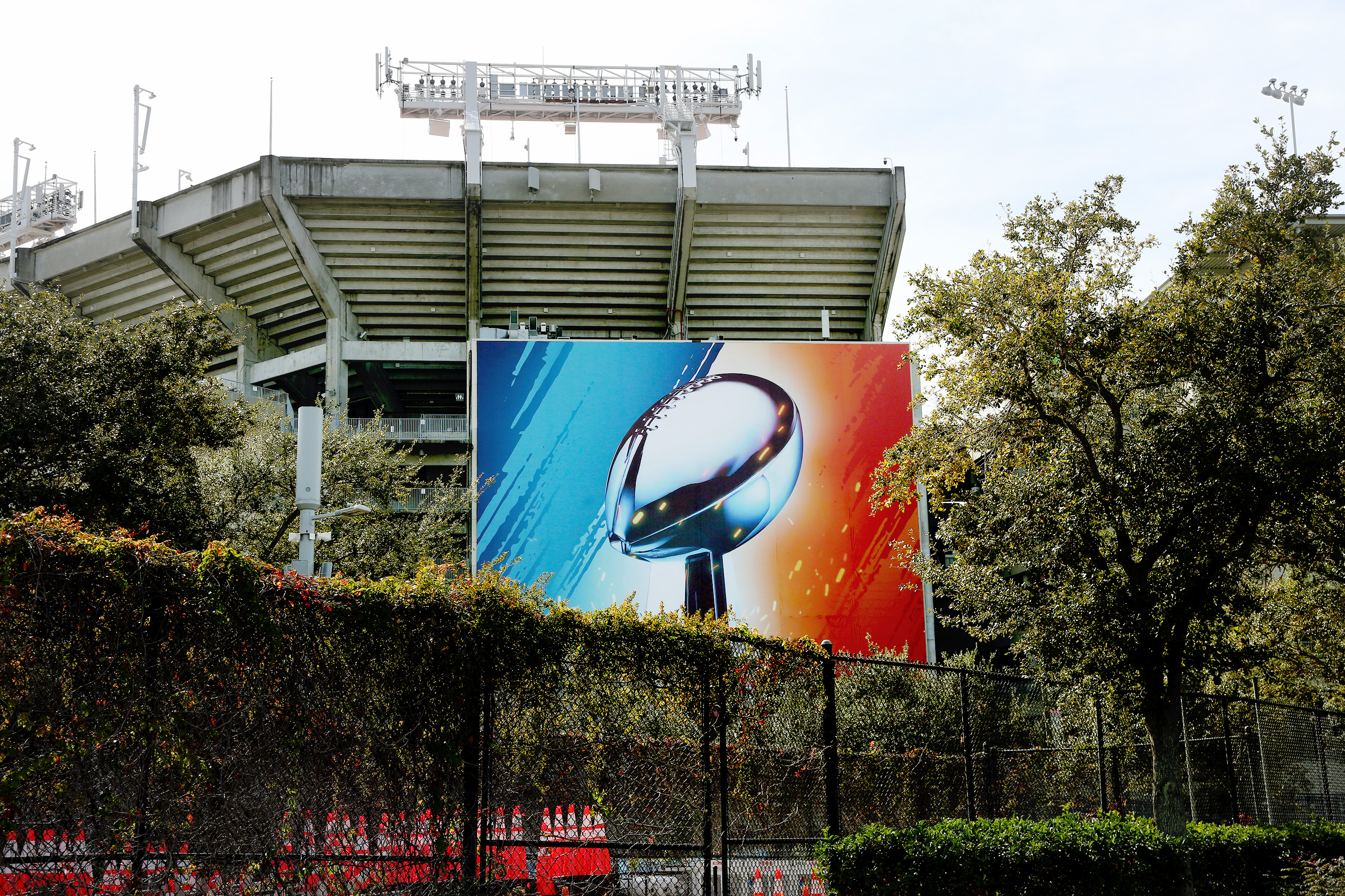 Buccaneers logo on Raymond James Stadium endzone ahead of Super Bowl LV in  Tampa 