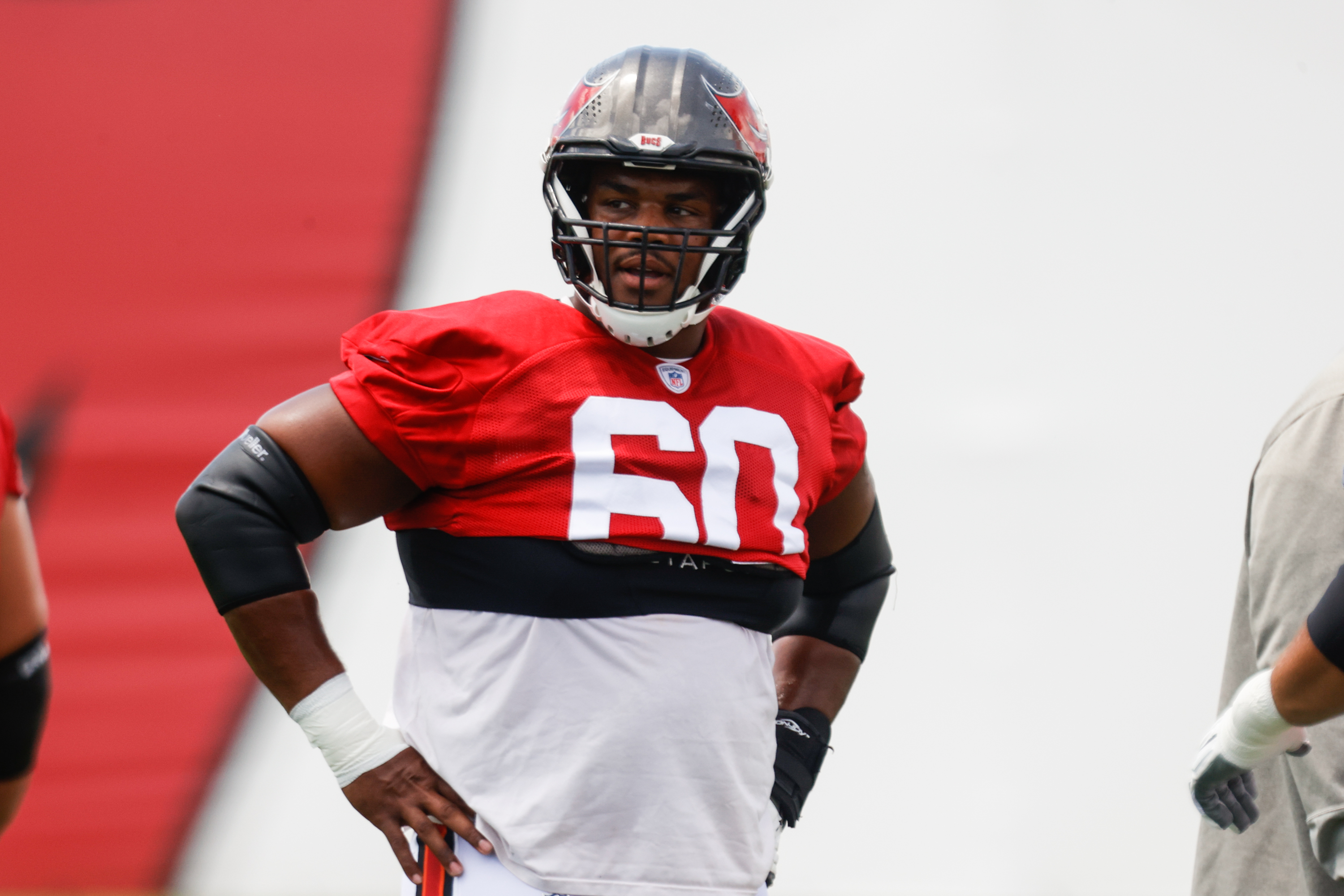 TAMPA, FL - DECEMBER 05: Tampa Bay Buccaneers Offensive Guard Nick Leverett  (60) smiles before the