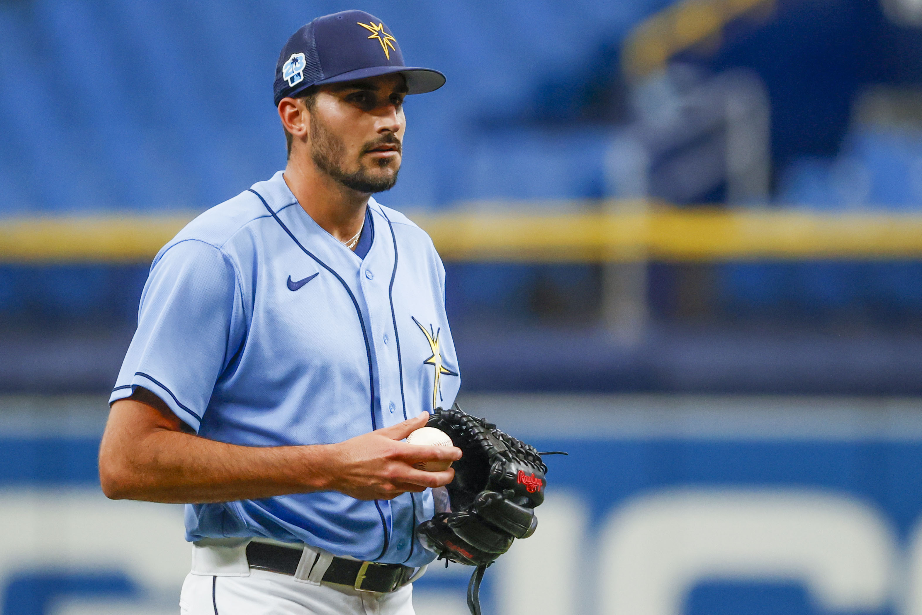 March 14, 2023, St. Petersburg, FL USA; Tampa Bay Rays starting pitcher  Zach Eflin (24) delivers a pitch during an MLB spring training game against  th Stock Photo - Alamy