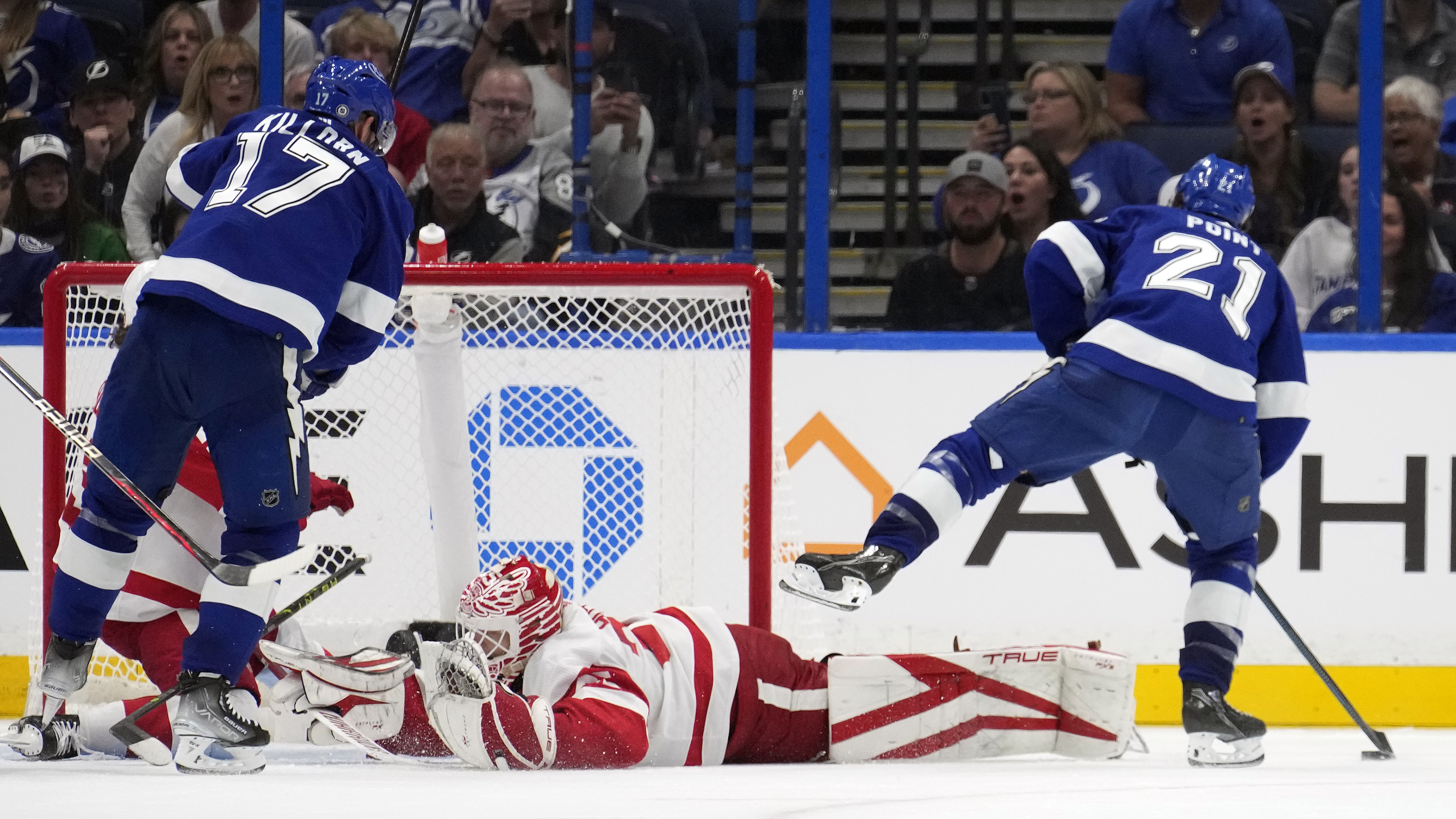 Tampa Bay Lightning center Brayden Point (21) celebrates his goal