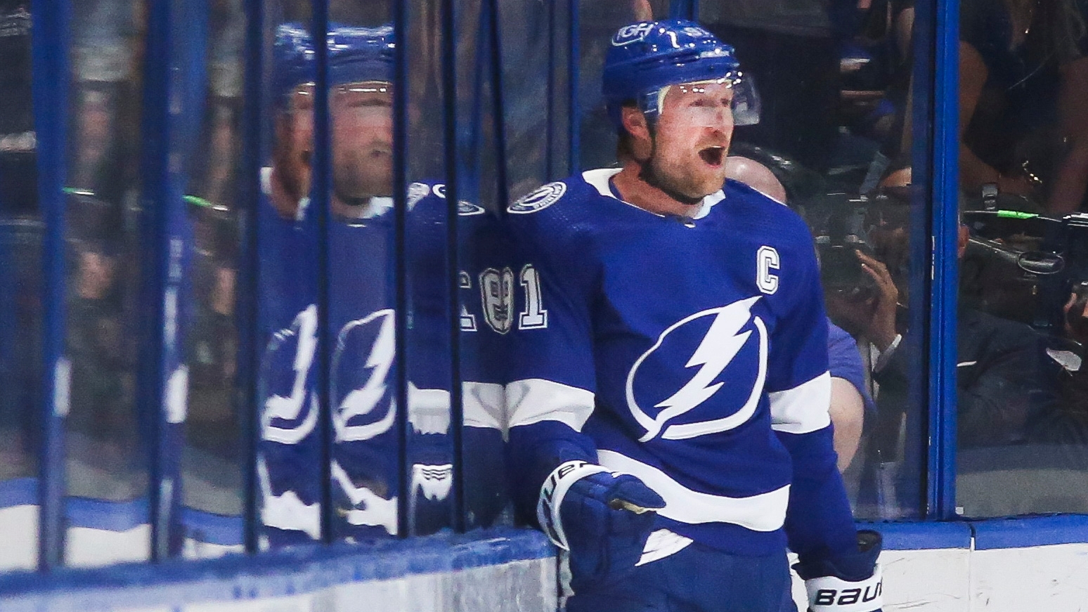 Tampa Bay Lightning defenseman Victor Hedman (77, right) celebrates with  teammates, including right wing Taylor Raddysh (16) and left wing Ross  Colton (79) after scoring against the New Jersey Devils during the