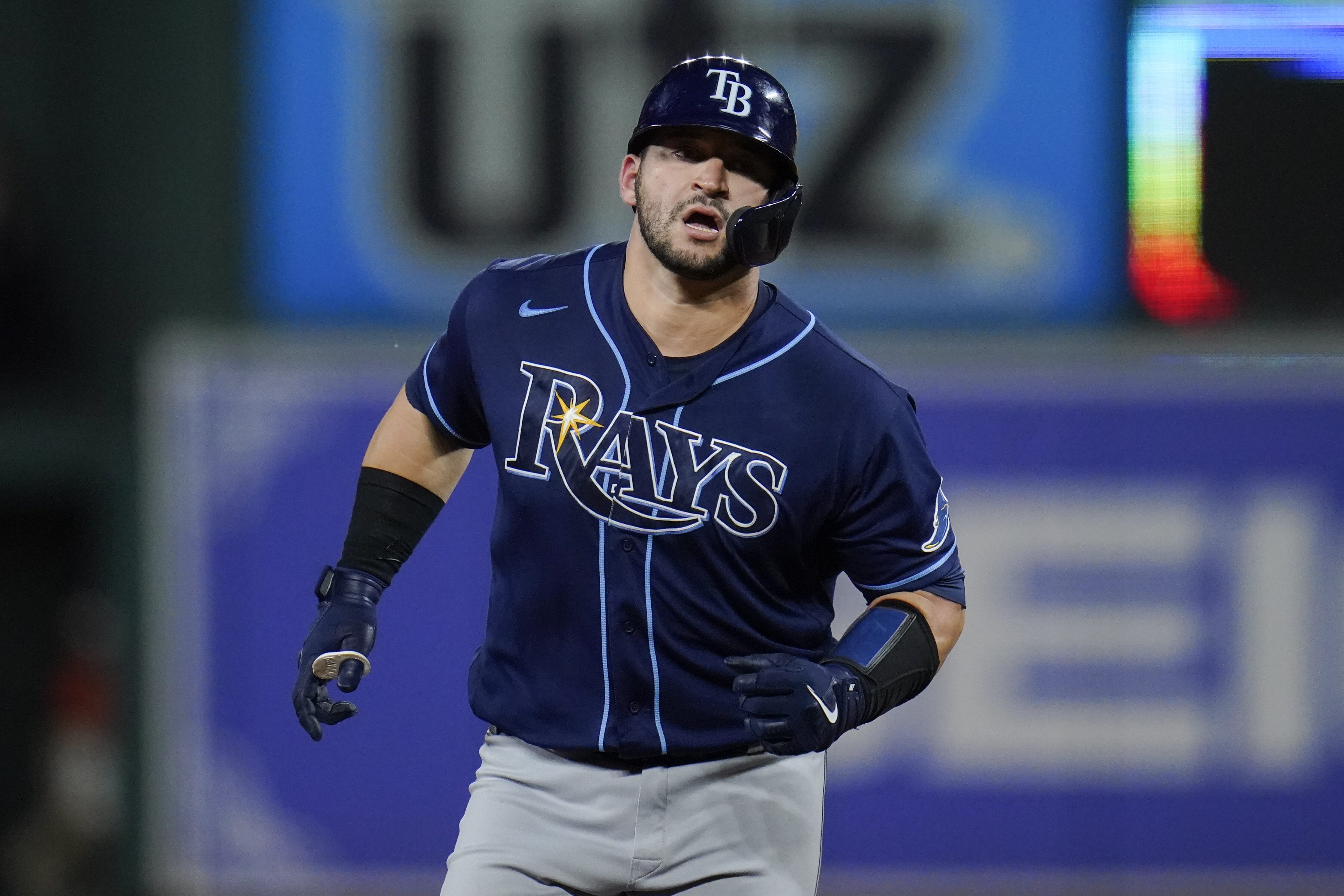 Tampa Bay Rays' Brett Phillips is greeted in the dugout after hutting a  three-run home run off Baltimore Orioles starting pitcher Matt Harvey  during the second inning of a baseball game, Tuesday