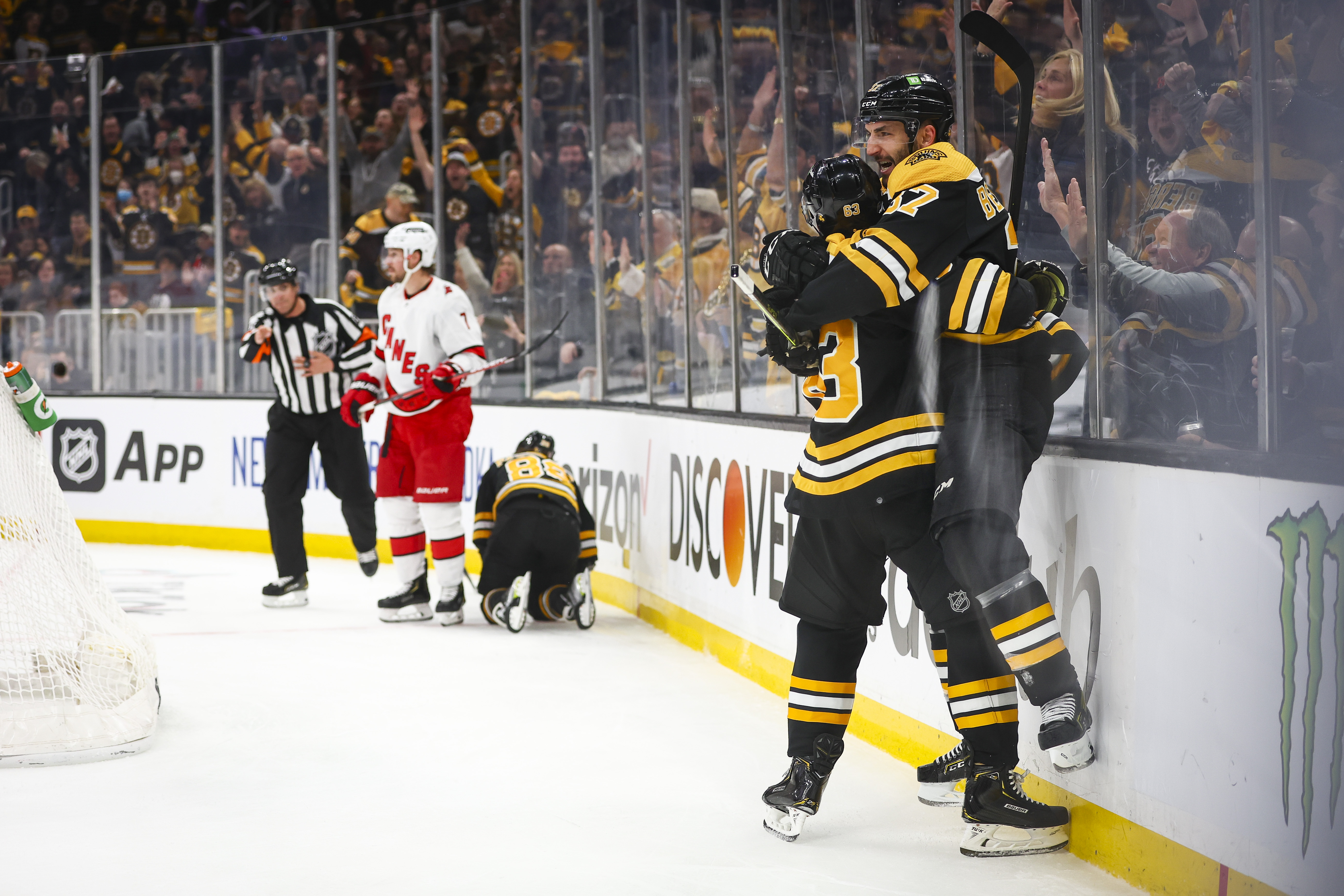 Brad Marchand, David Pastrnak and Hampus Lindholm of the Boston News  Photo - Getty Images