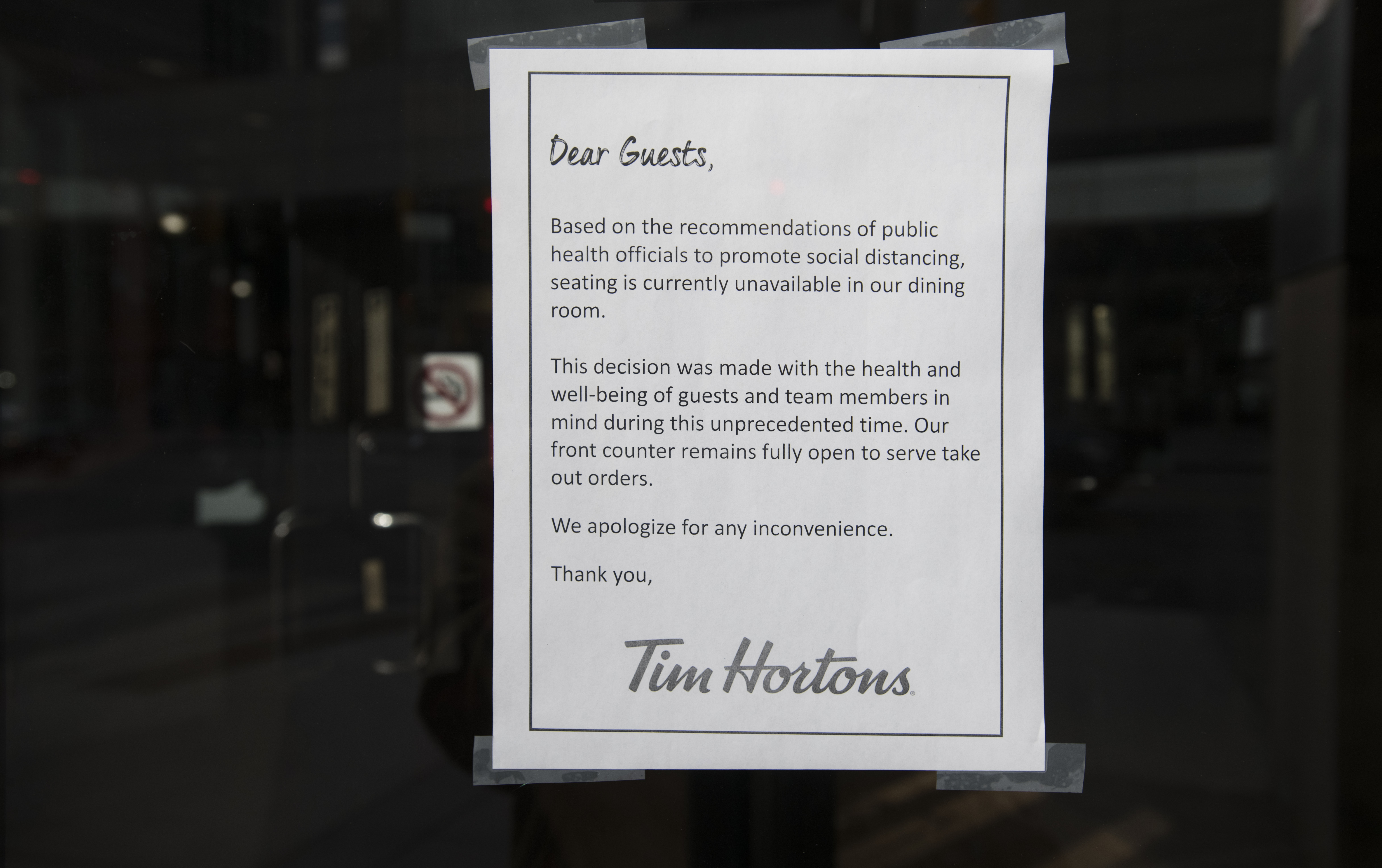 Tim Hortons reducing service to only take-out, drive-thru and delivery