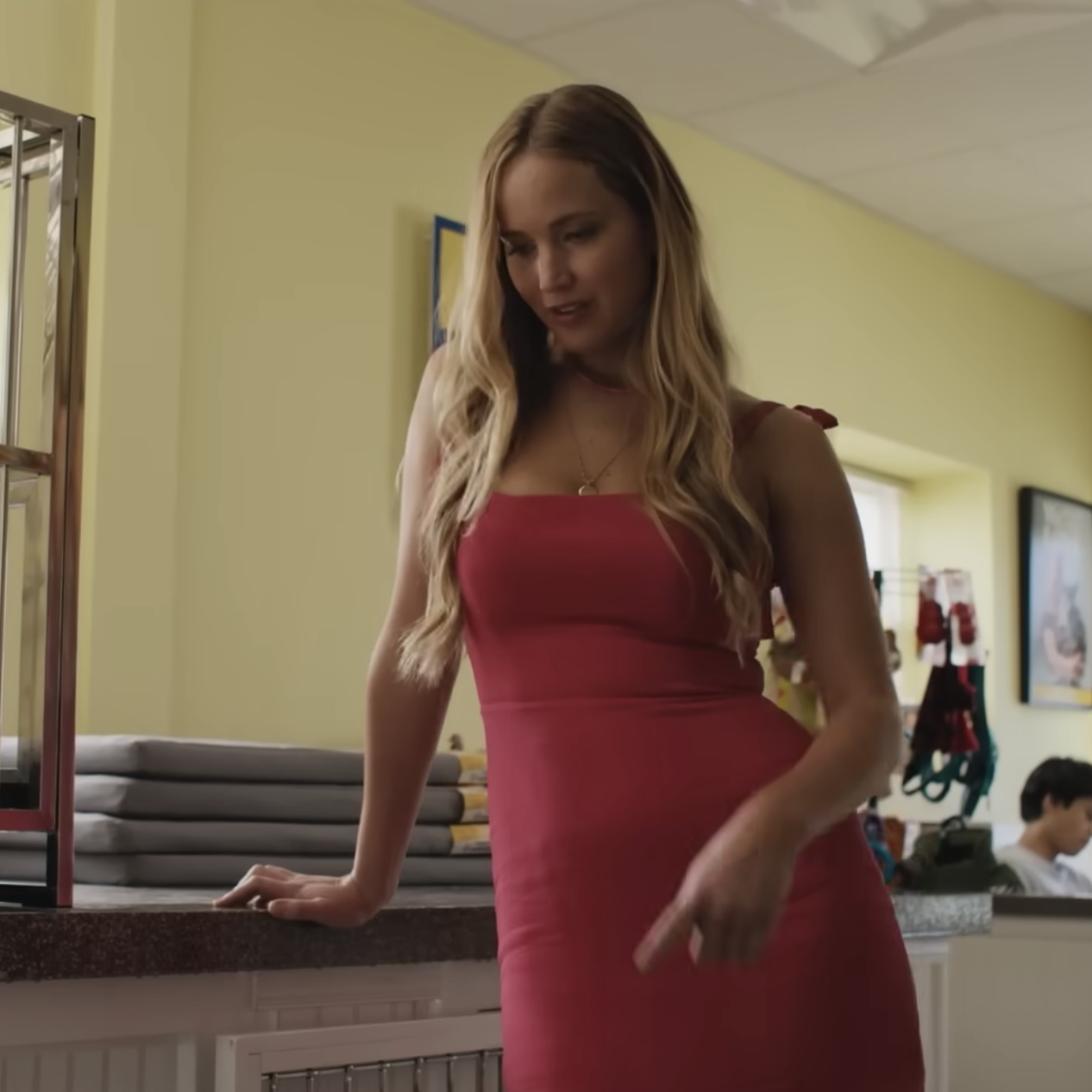 jennifer lawrence blue dress no hard feelings Lawrence's 'No Feelings' Review: An R-Rated Let Down Black Maxi Dresses | draped fron dress Colors:Citrine
